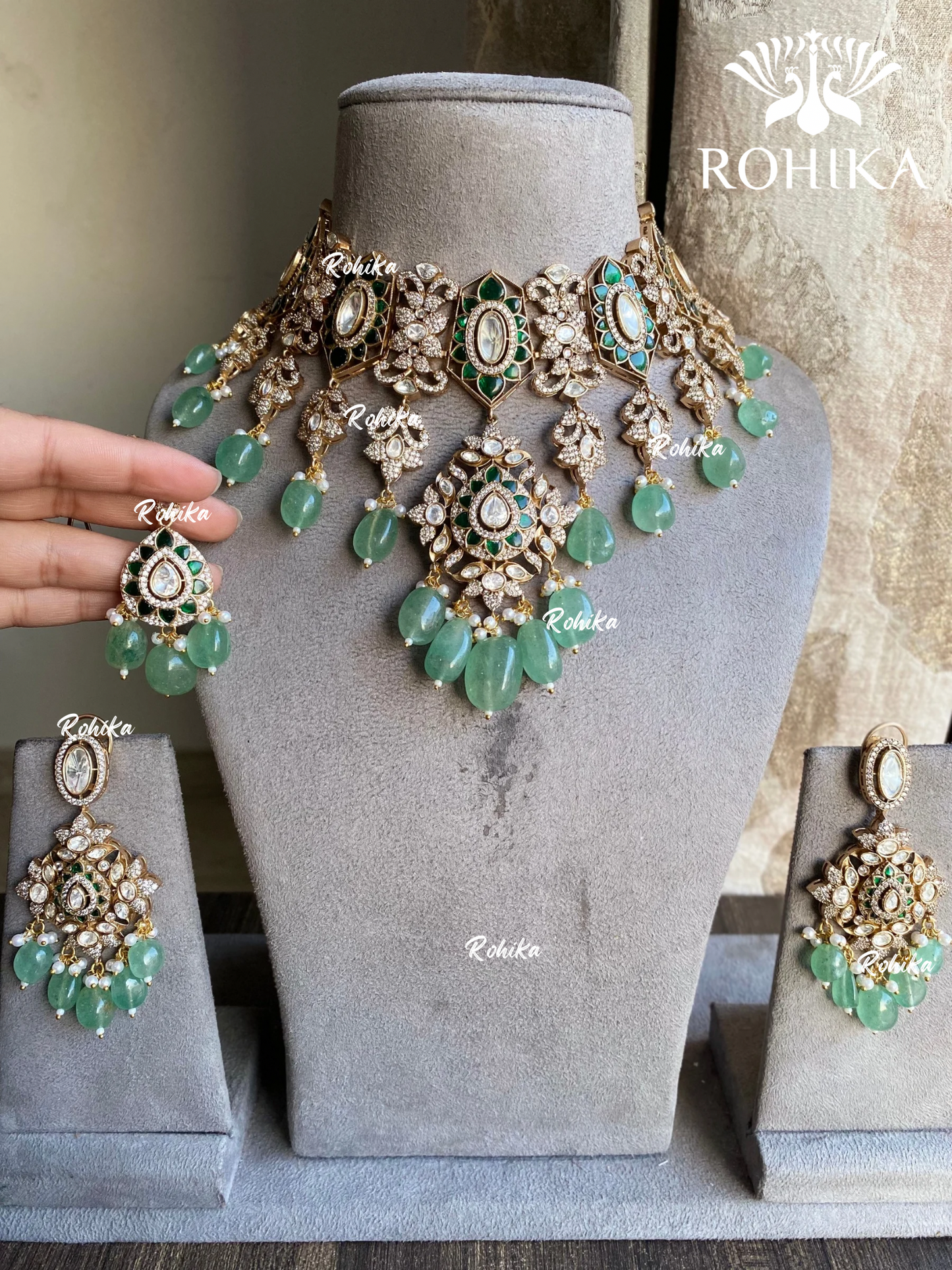 Mugdha moisanite choker set - Mint green