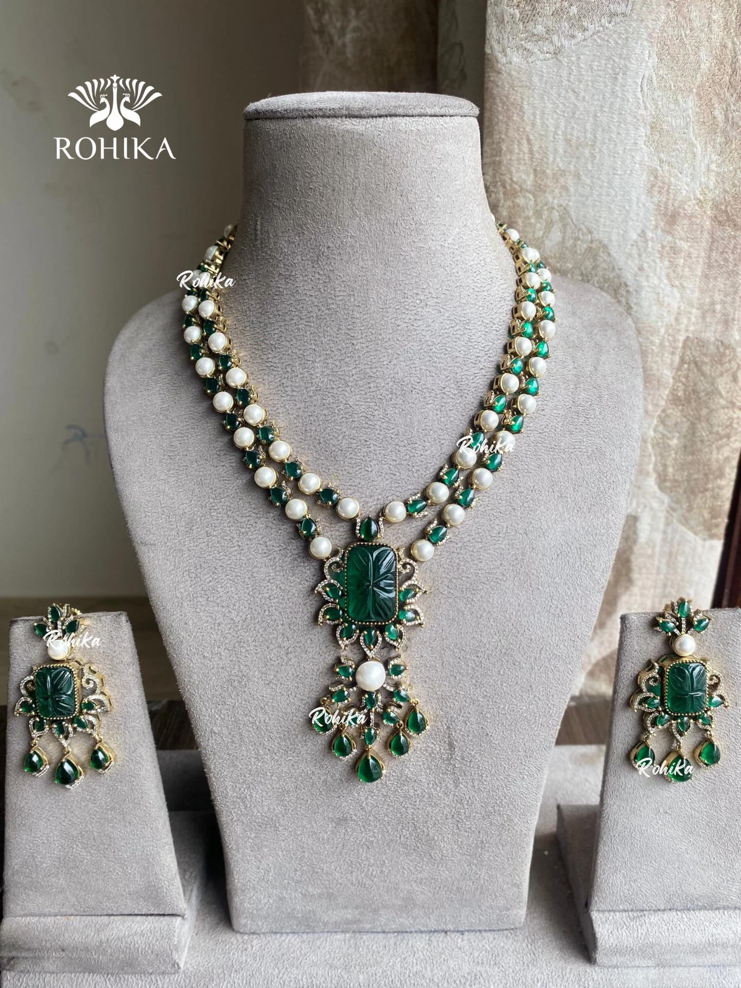 Veera american diamond necklace set - Dark green