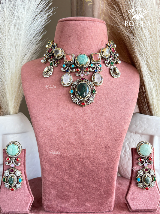 Saabya inspired fusion necklace set (SS032) - Multi colour