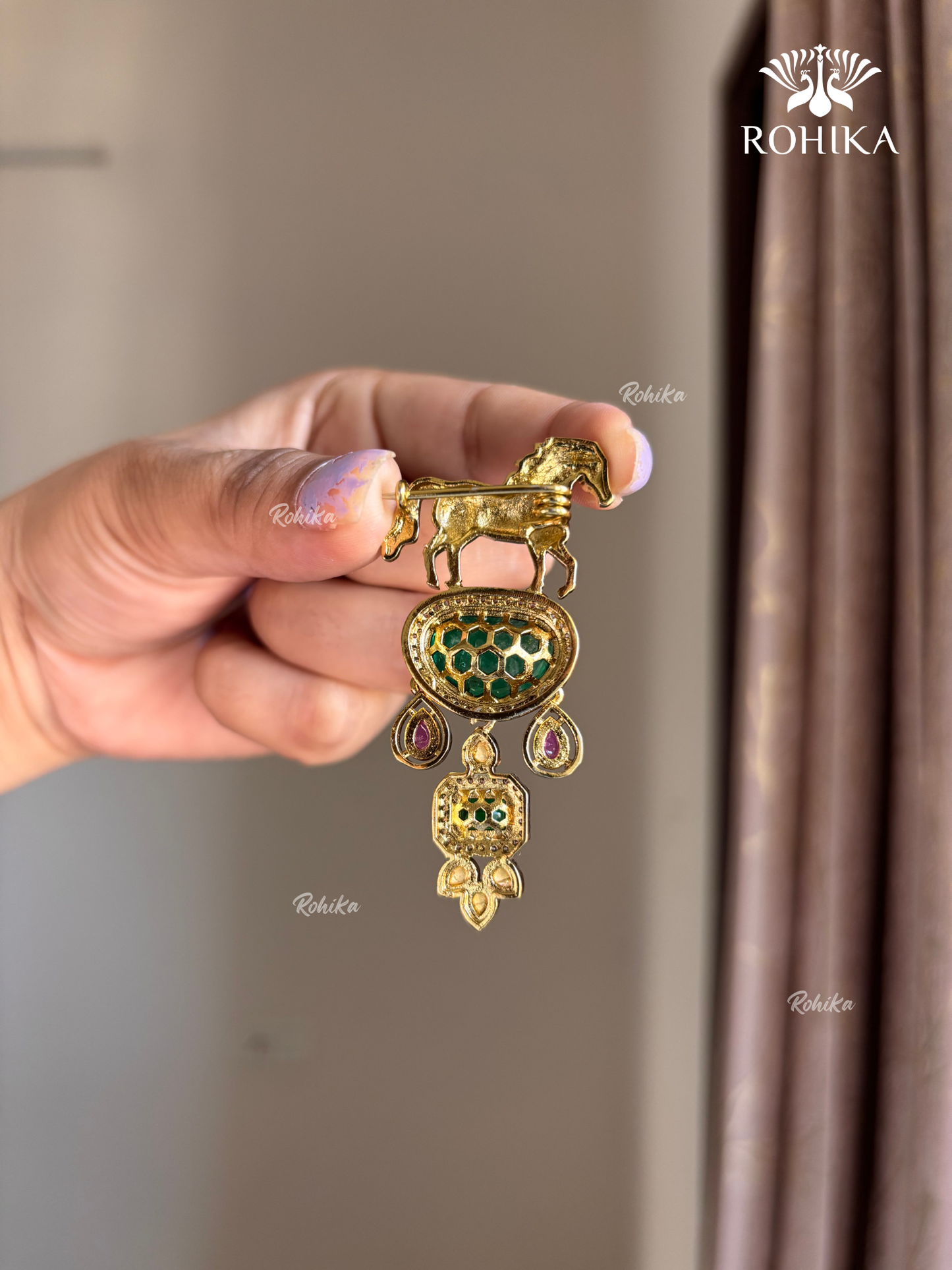 Polki Kundan Brooch (BR-019) - Green and ruby red