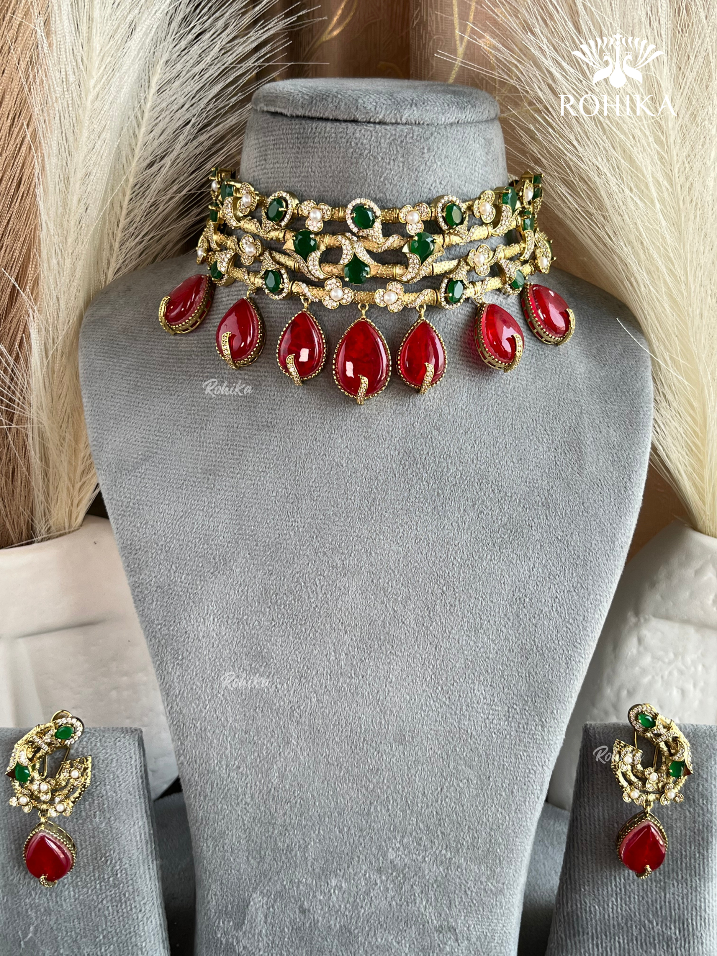 Floral choker set -  Dark green & ruby red