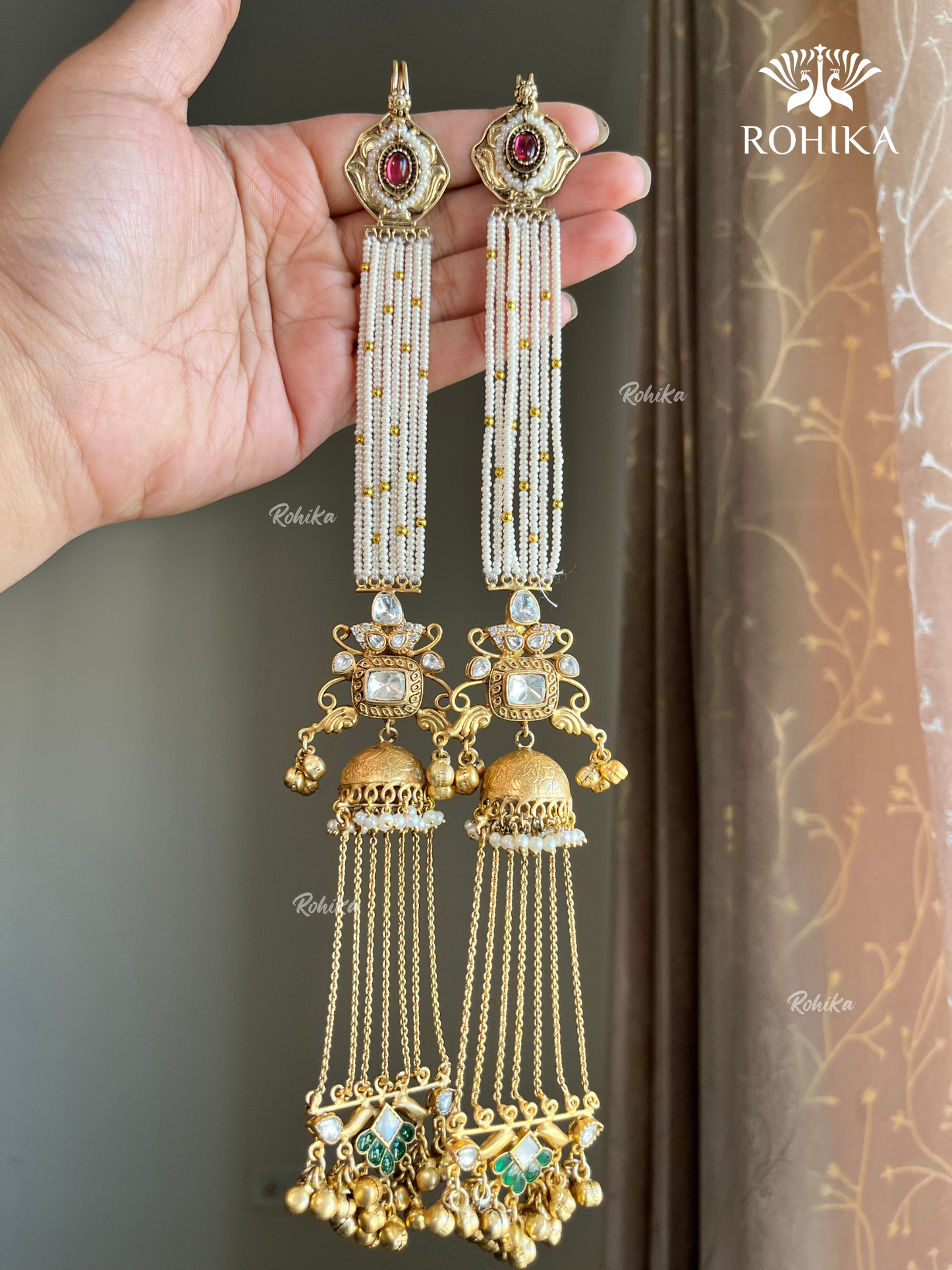 Piya polki kundan jhumka earrings with earchains(EE-006)- Green