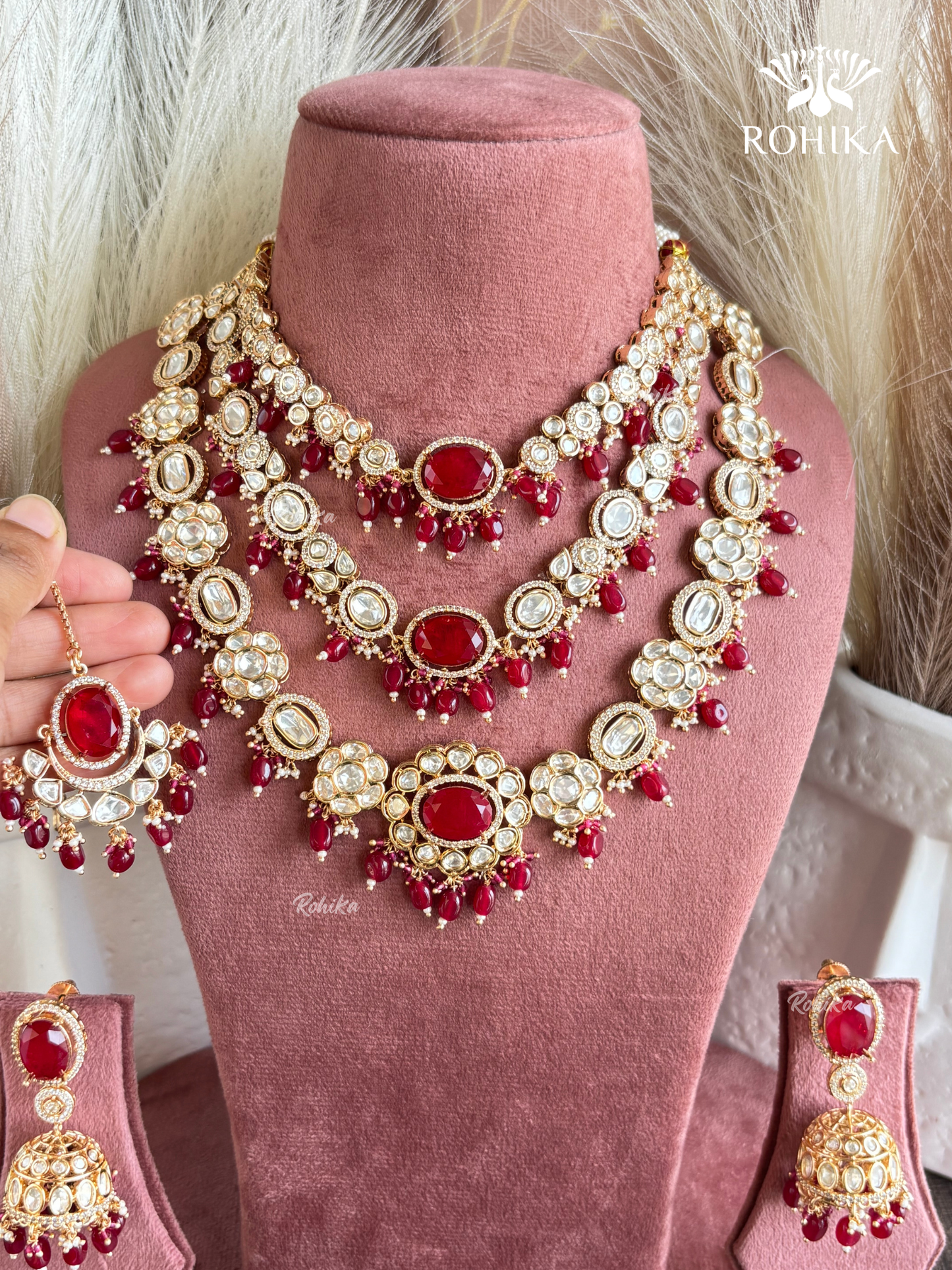 Aarvi Polki kundan long necklace set - Red