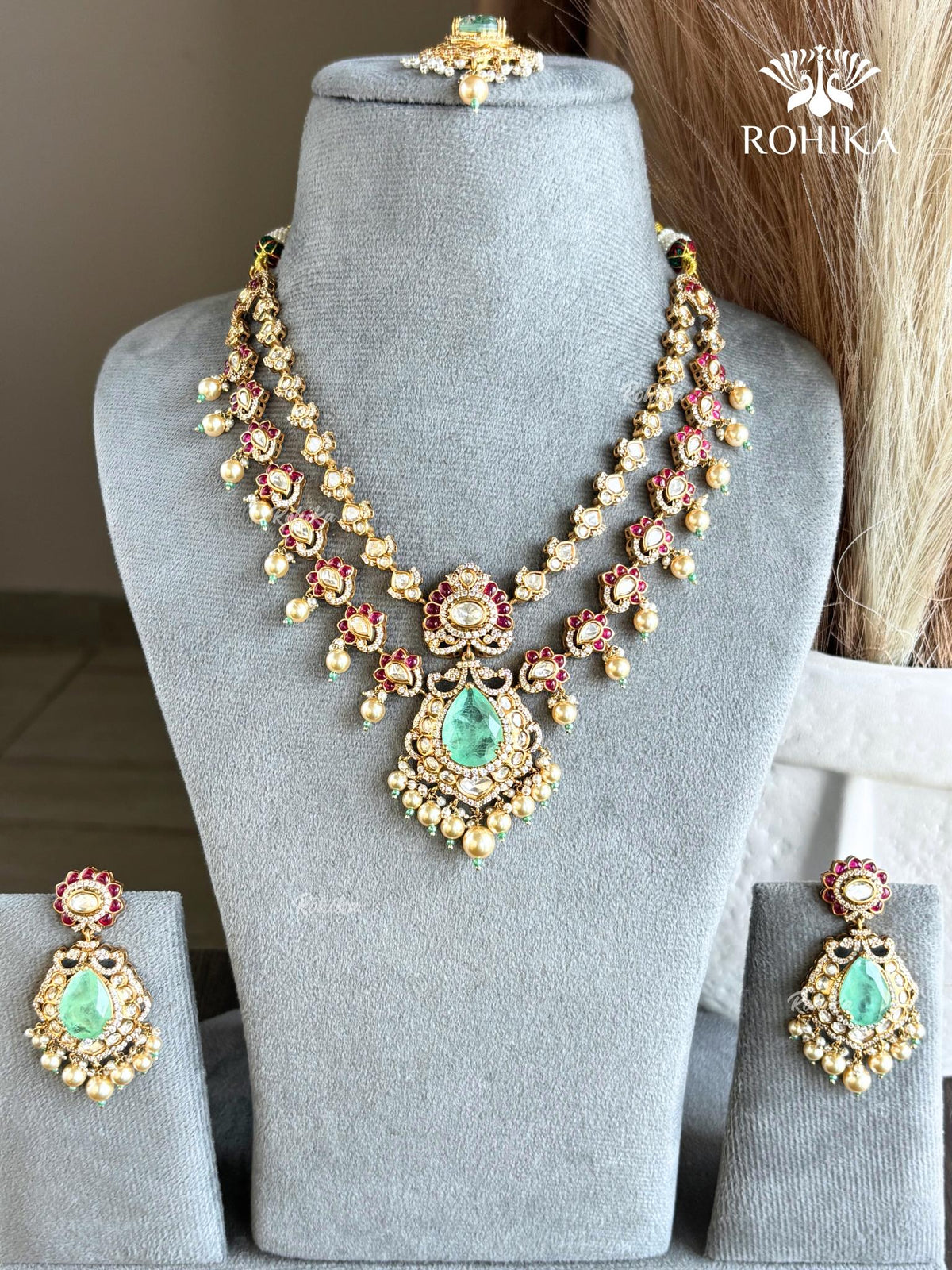 Kritika Moisanite Layered Necklace Set - Mint Green