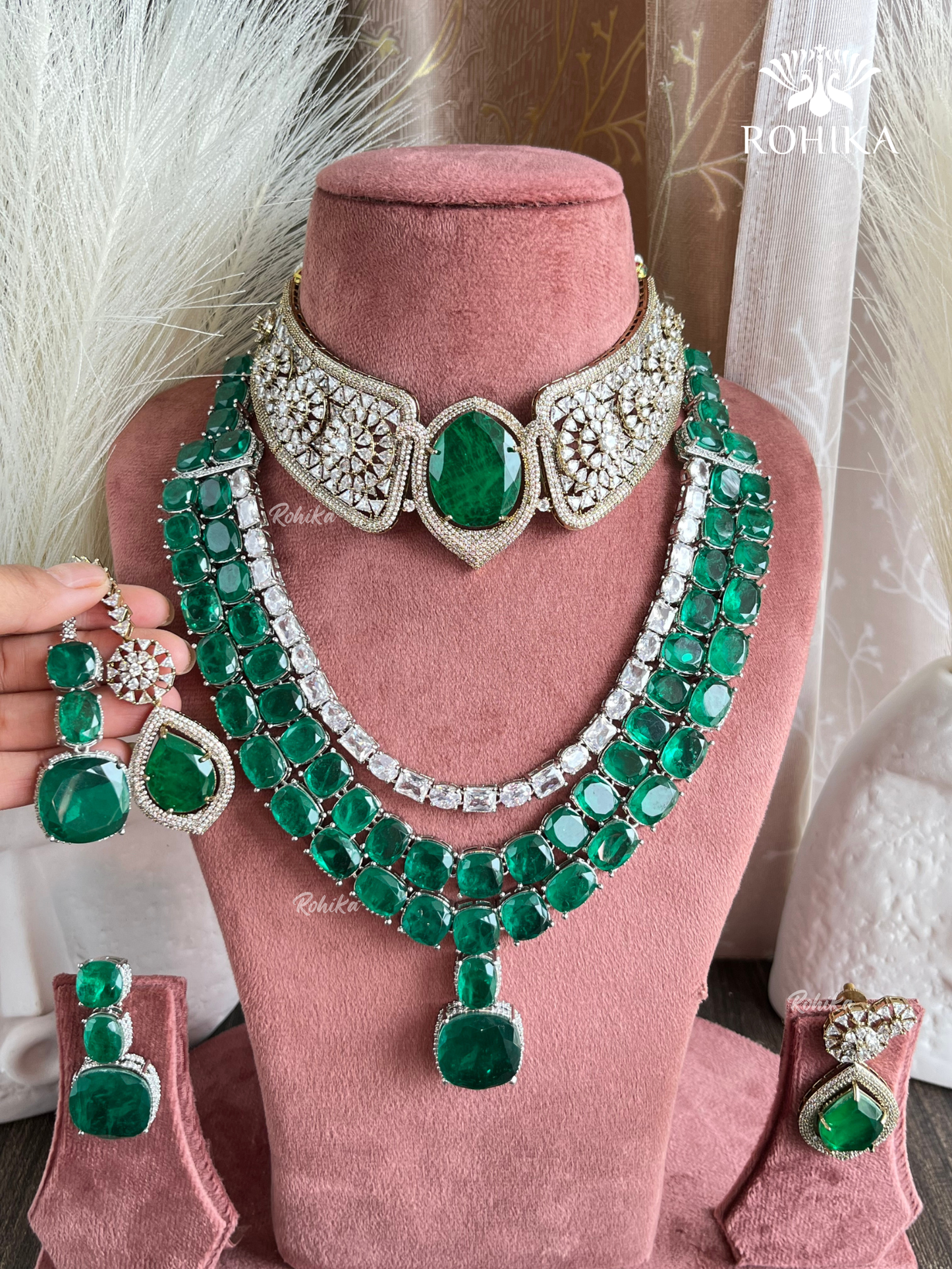 Jessia AD Doublet Layered Combo Necklace Set - Green