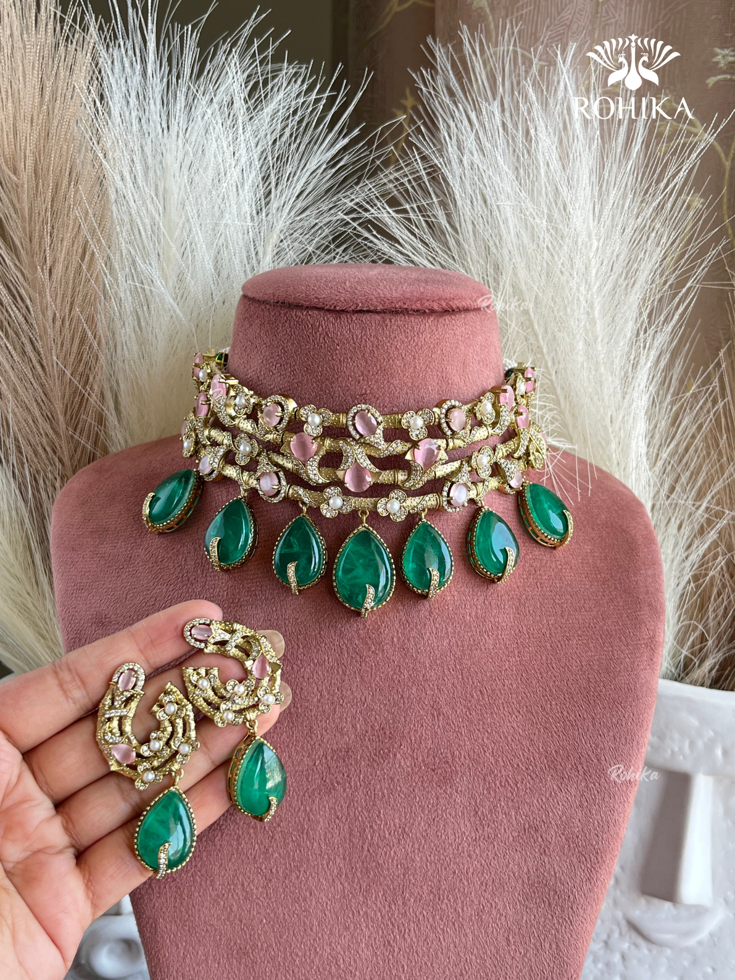 Floral choker set - Pink & Dark green