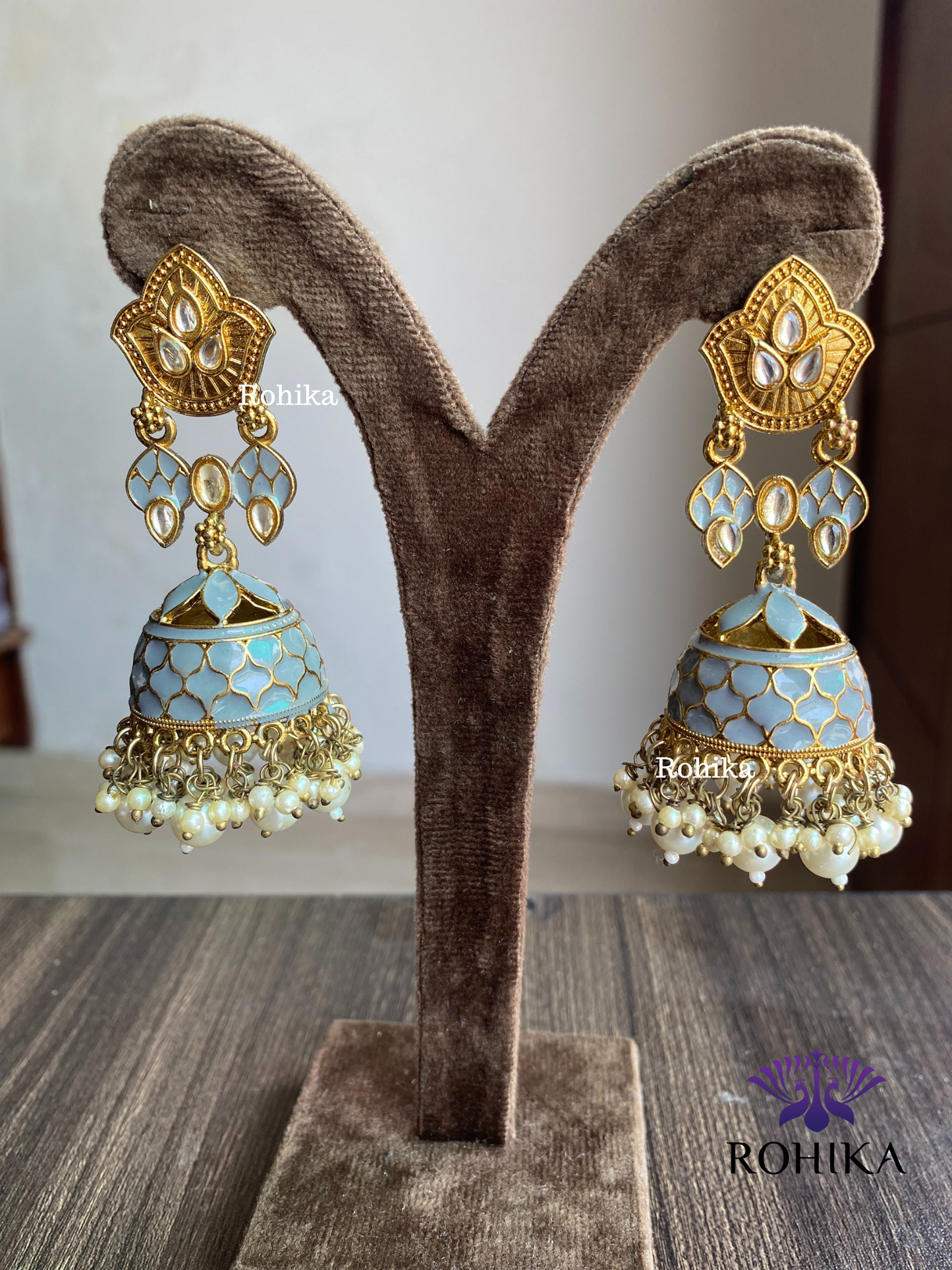 Blossom meenakari jhumka - Grey