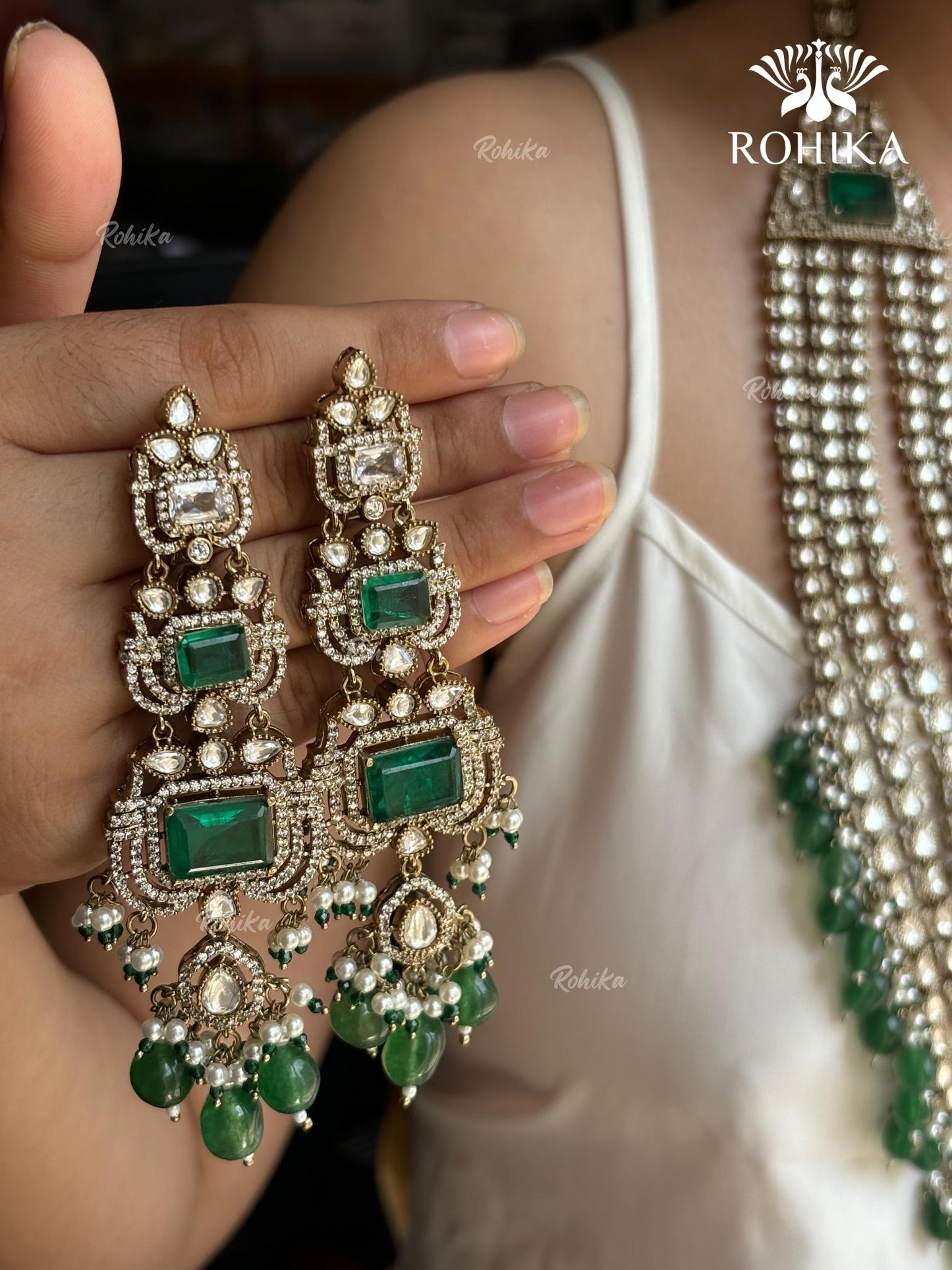 Alani Polki Kundan Long Bridal Necklace Set - Dark Green