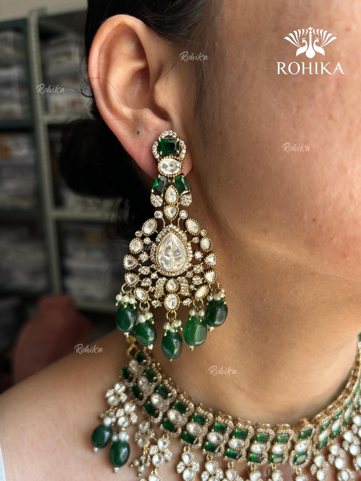 Anokhi Polki Kundan Bridal Necklace Set - Dark green