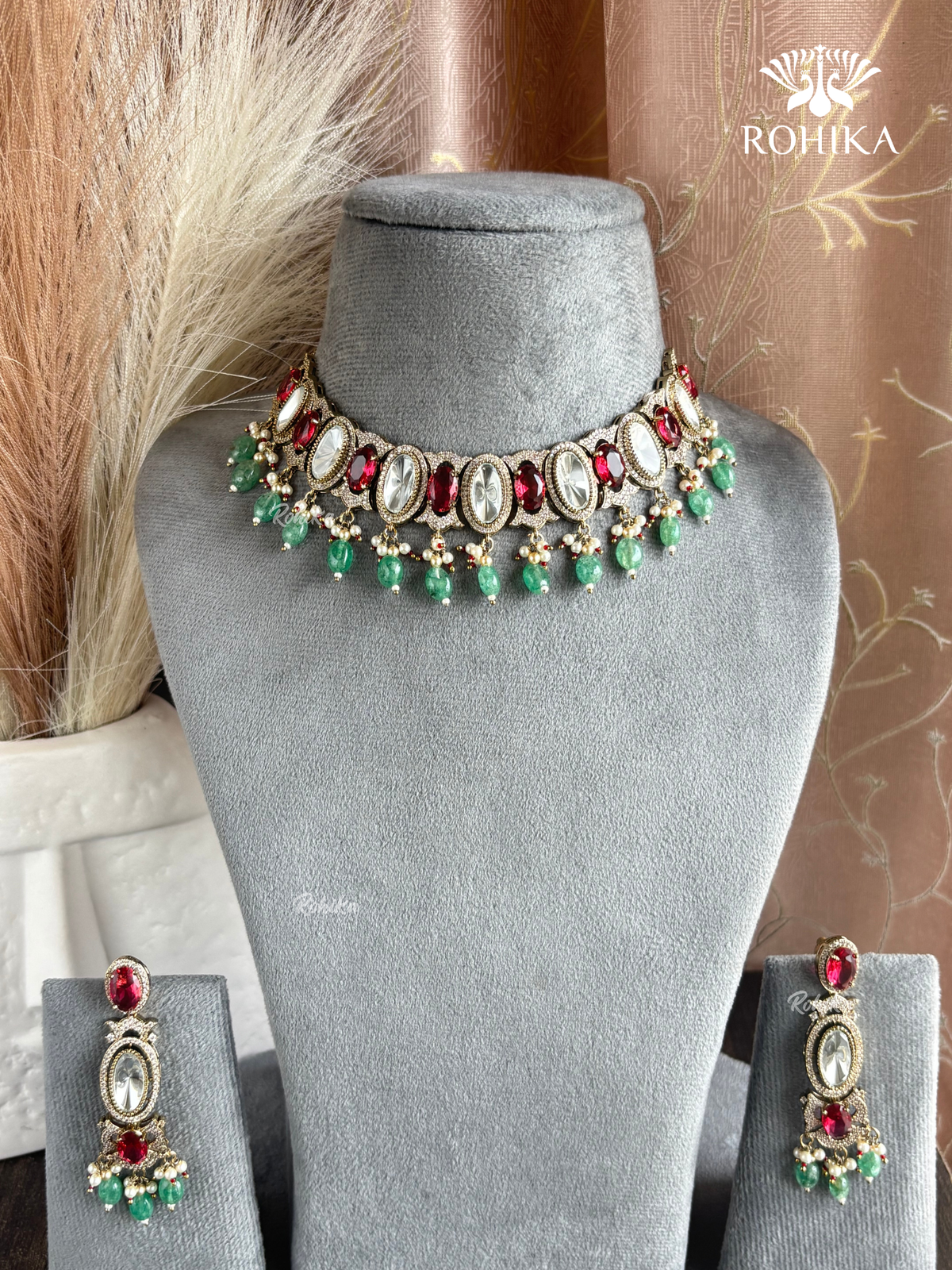 Gitali Polki Kundan and AD Choker Set - Red And Mint Green