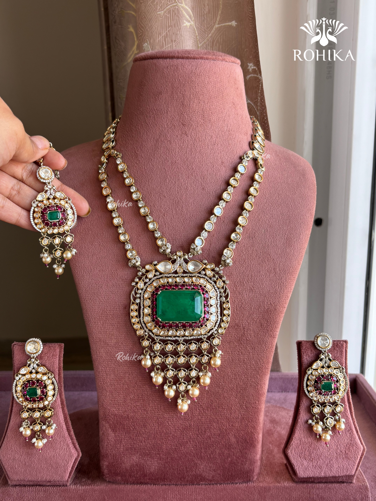 Apoorva moisanite long necklace set -Dark Green