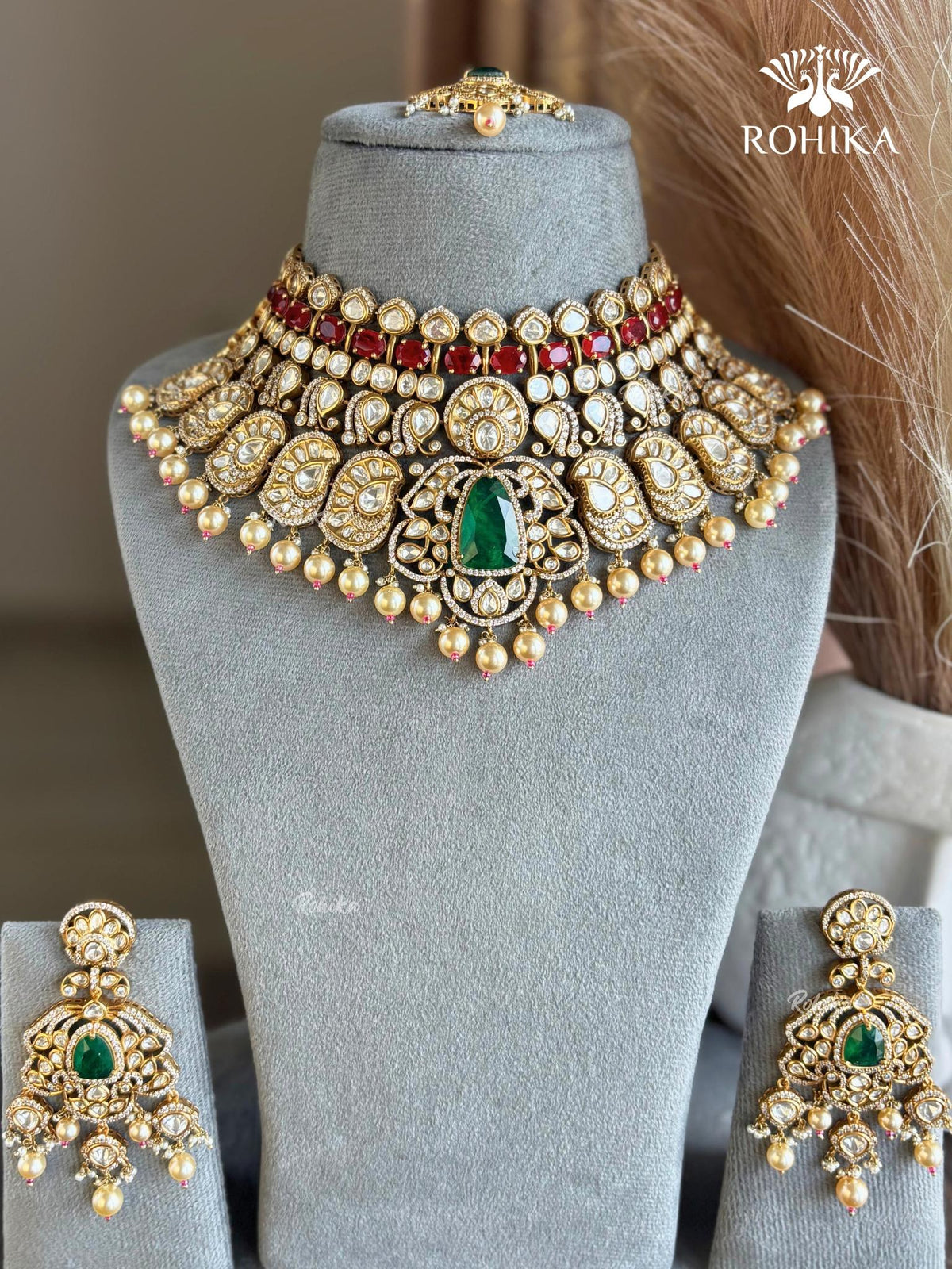 Mira Moisanite Bridal Necklace Set - Green