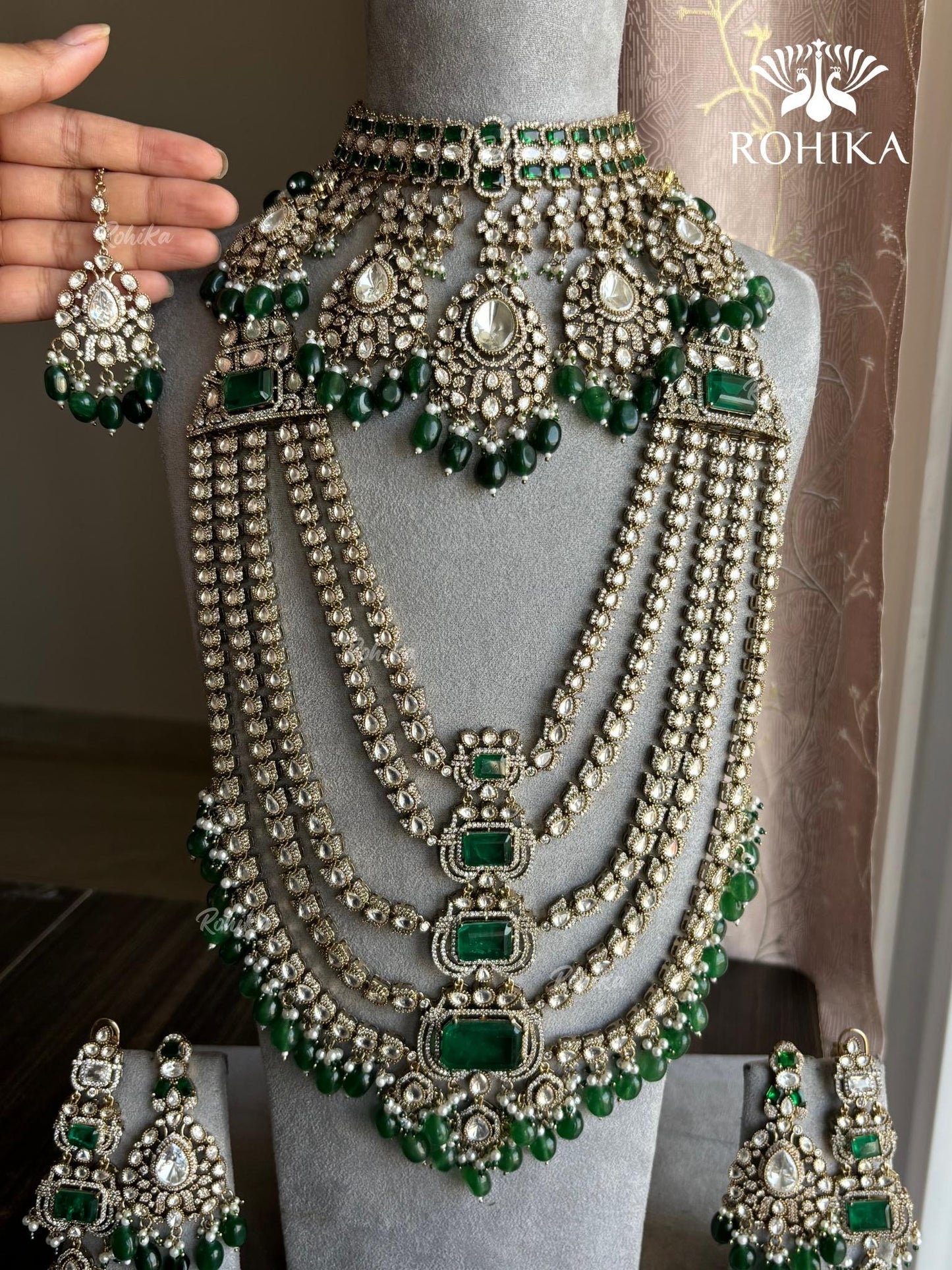 Anvika Polki Kundan Bridal Combo Set - Dark Green