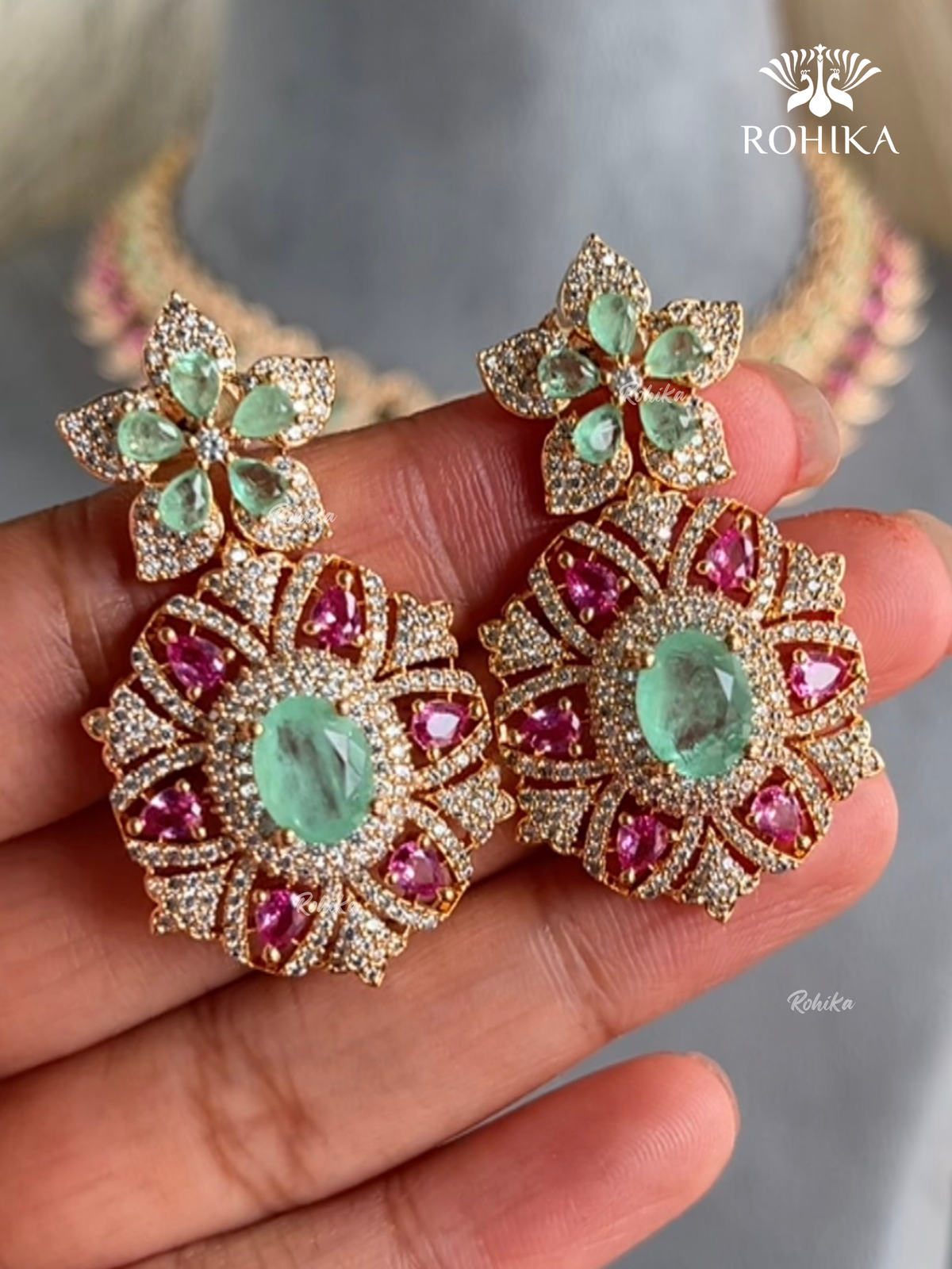 Sarisha AD doublet necklace set - Pink & Mint Green