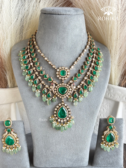 Arushi Polki Kundan Long Necklace Set - Dark Green