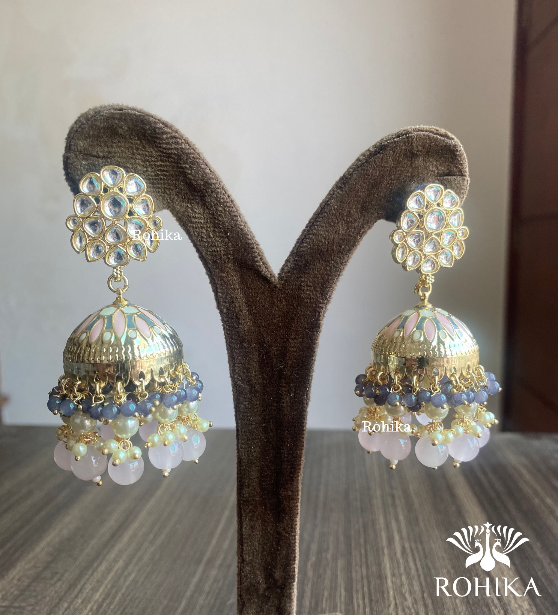 Rashmika jhumka earrings - Light pink and Grey