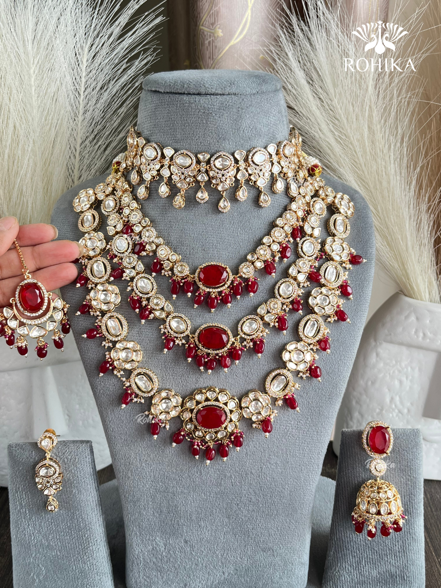 Niyara Polki Kundan Bridal Combo Set - Red