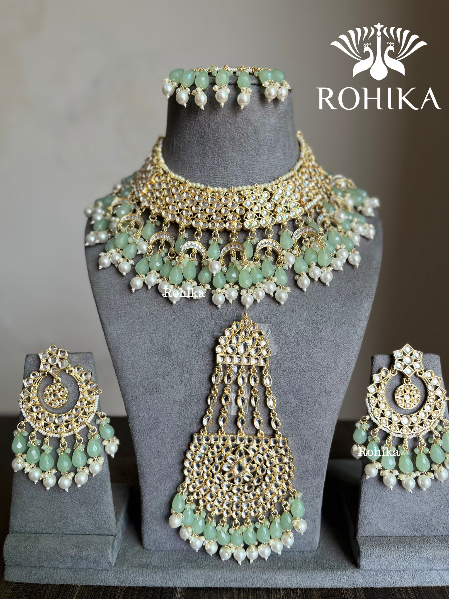 Shaheen Dabi Kundan bridal necklace set - Mint Green – Rohika Store