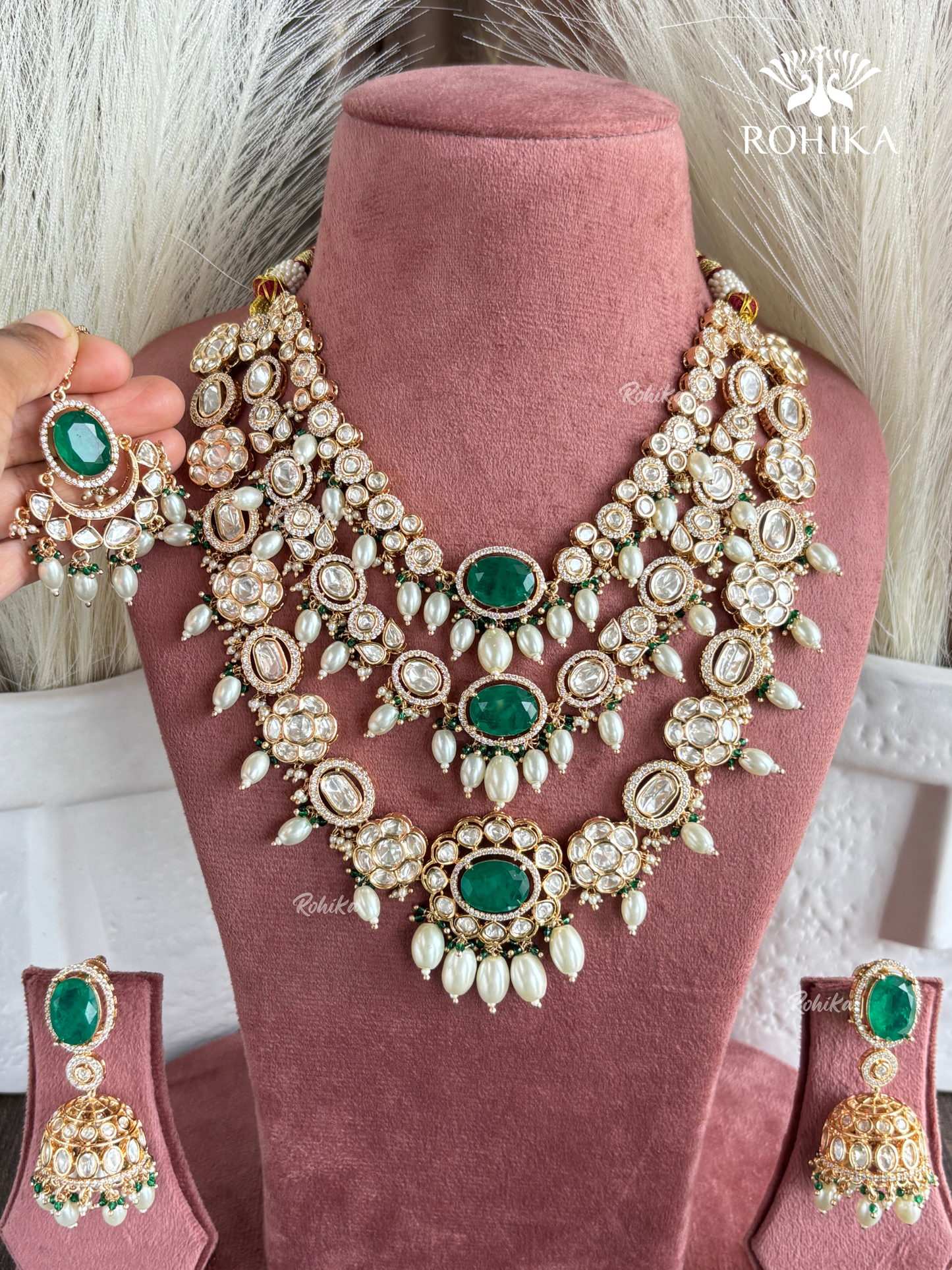 Aarvi Polki kundan long necklace set - Green