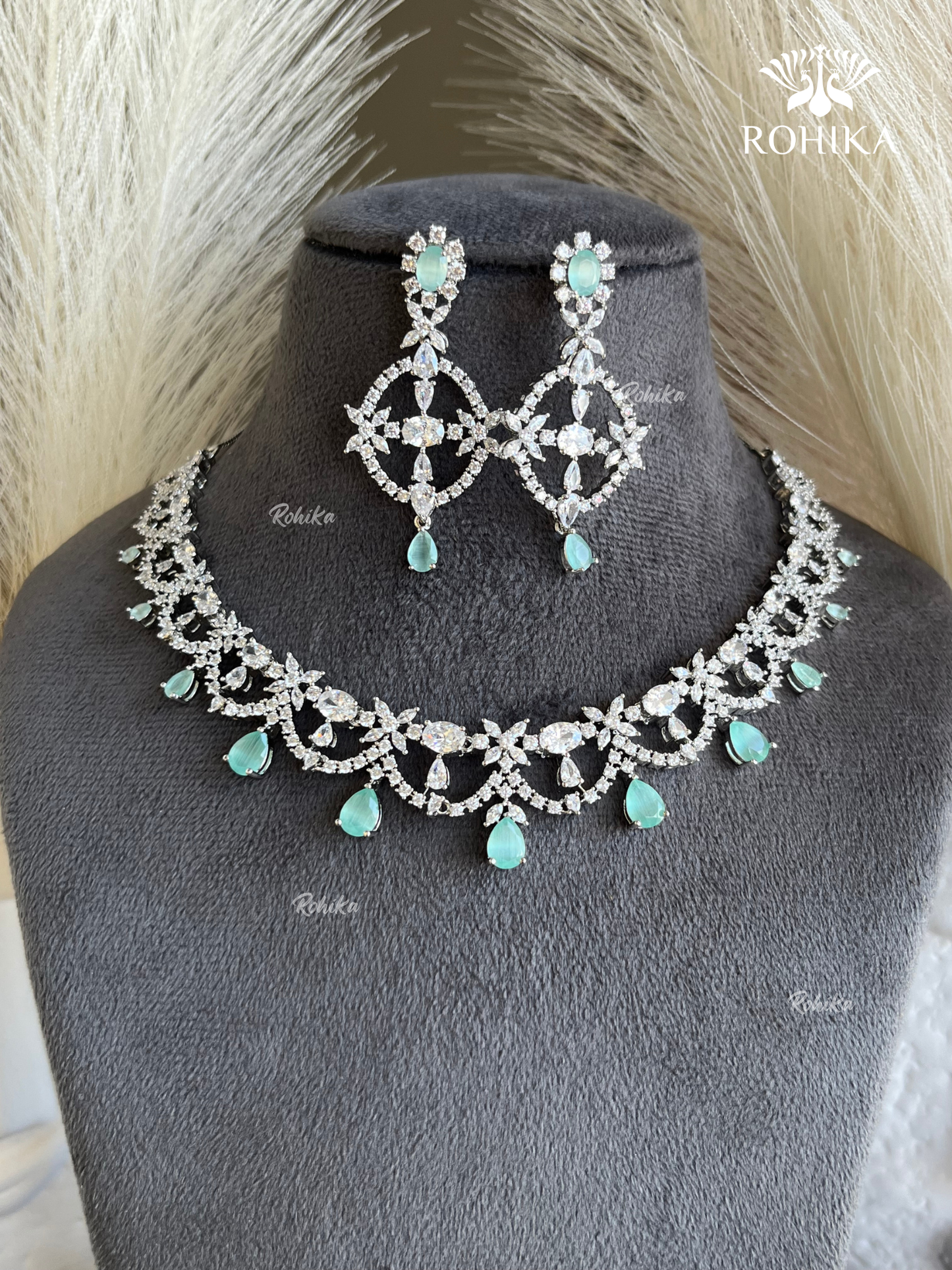 Hinaya American diamond necklace set - Mint green