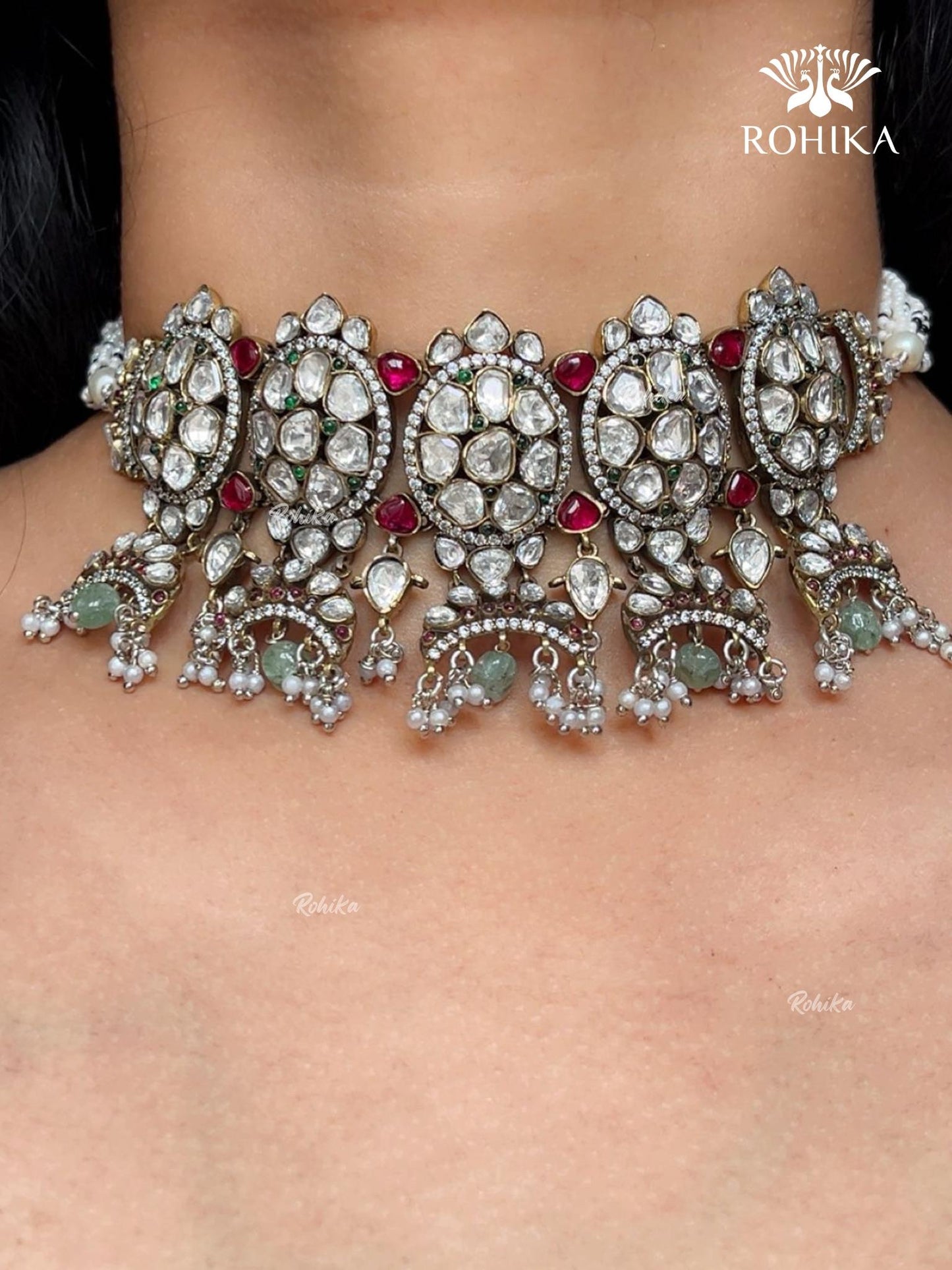Yamini Moisanite Choker Necklace Set - Ruby & Mint Green
