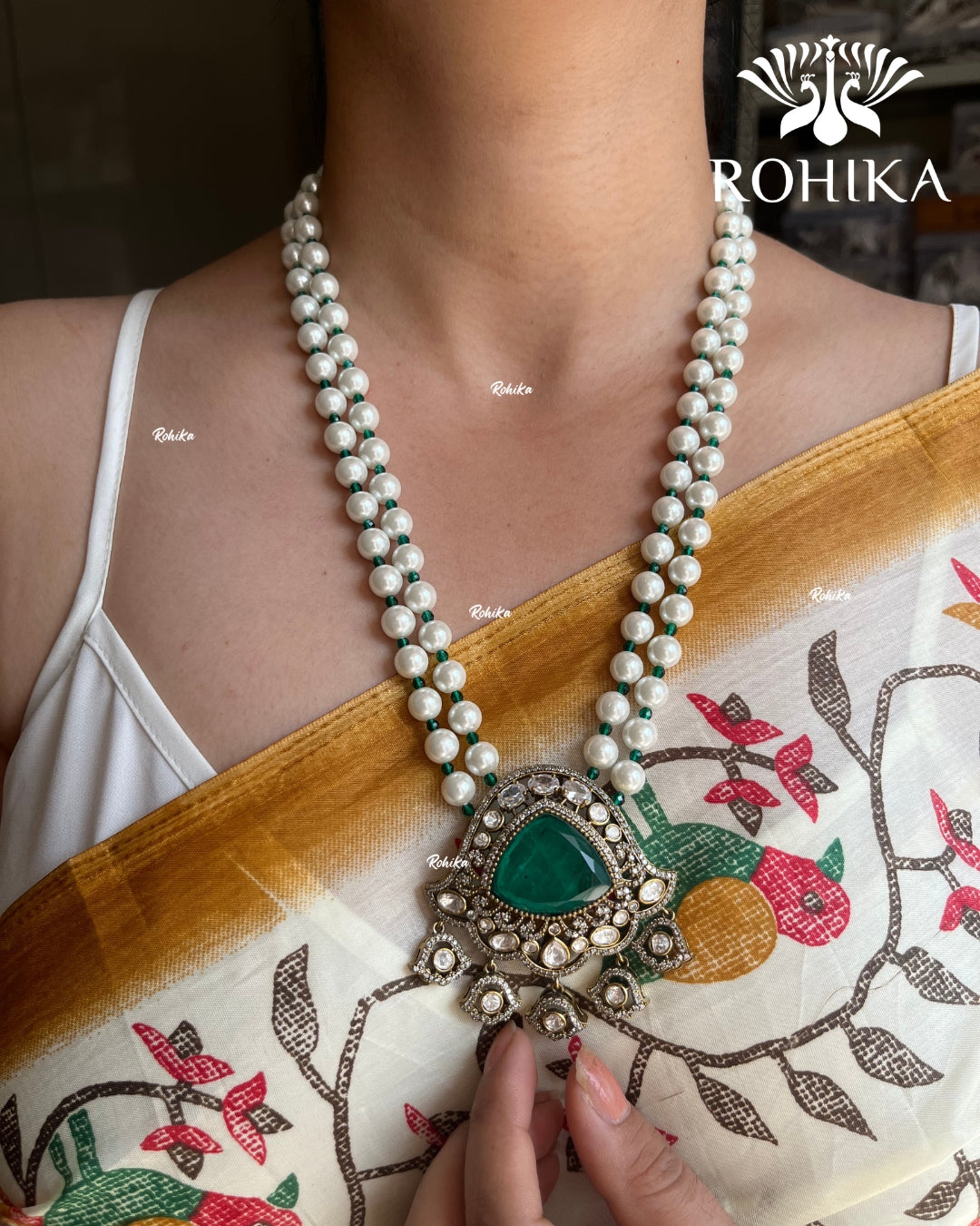 Adhrit Polki Kundan Doublet Long Necklace Set - Dark green