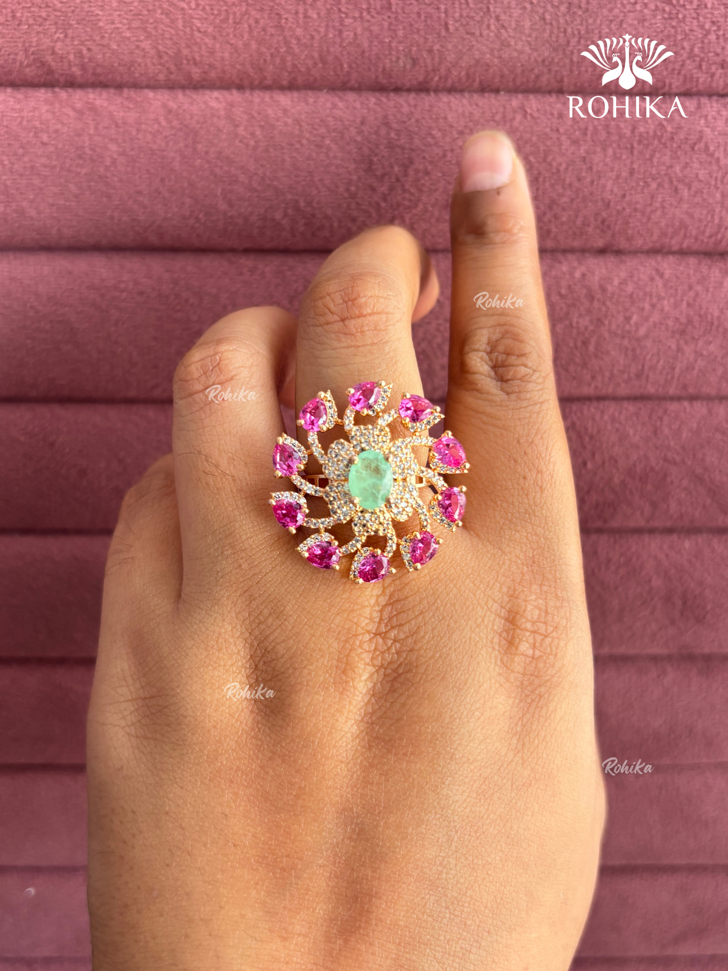 Alana American Diamond Ring (SG-165) - Pink and Mint
