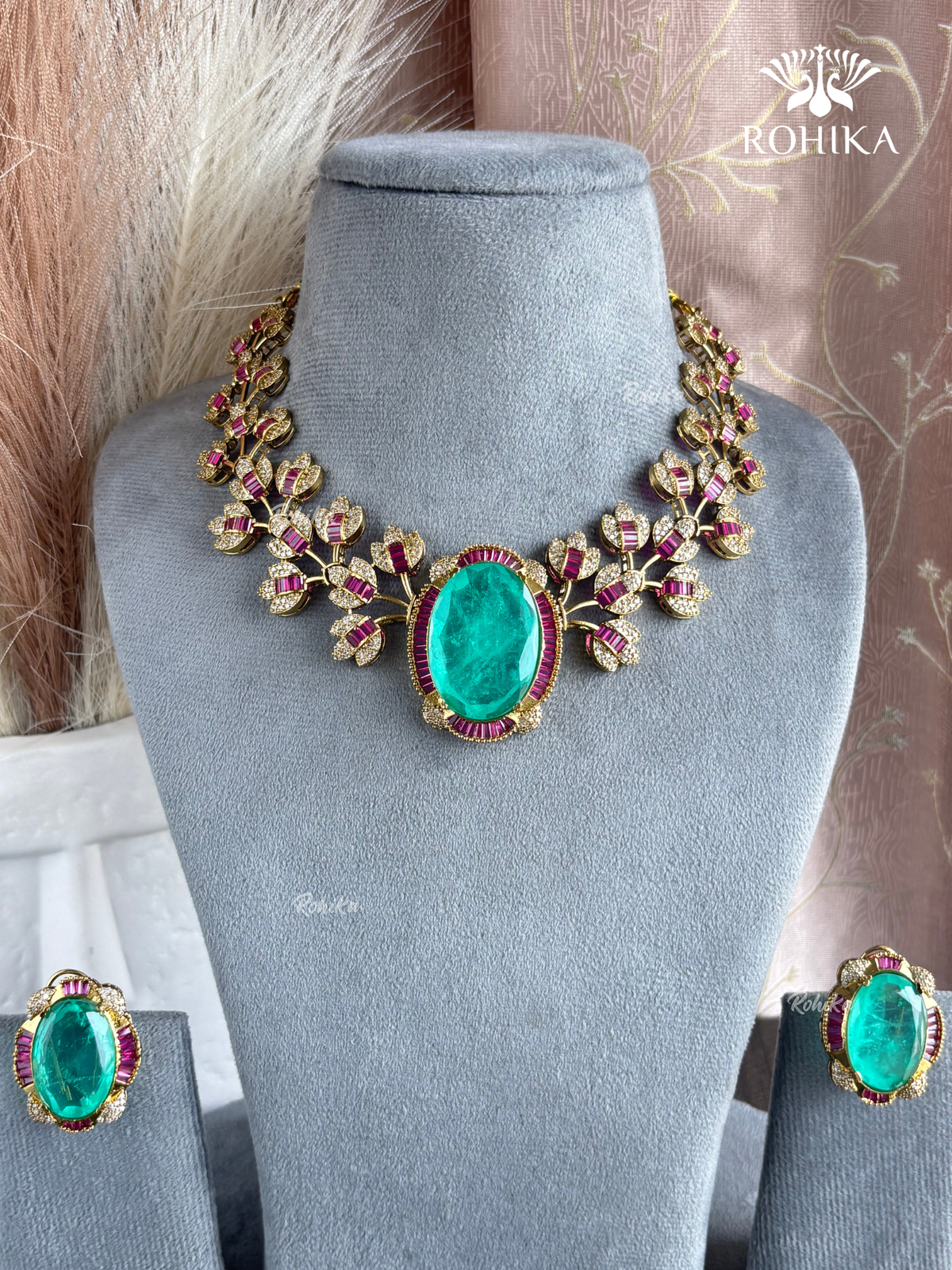 Elena Doublet Necklace Set - Mint Green And Pink