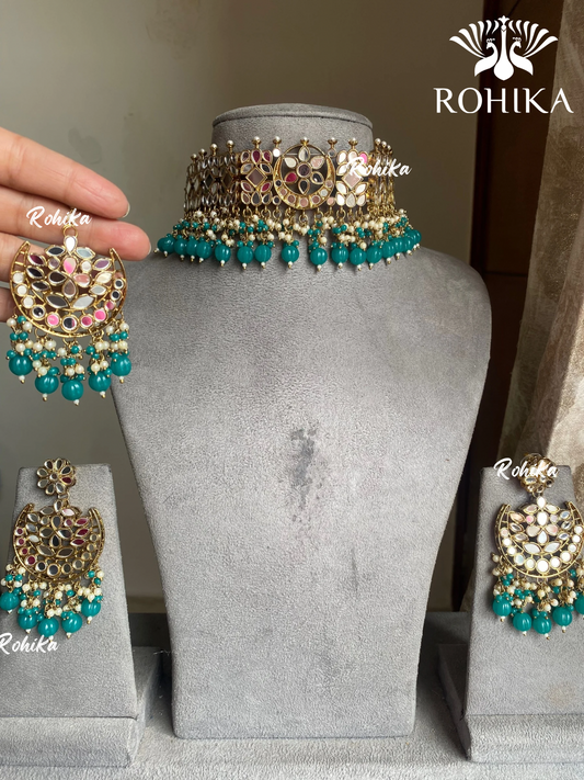 Kiran mirror necklace set - Rama green