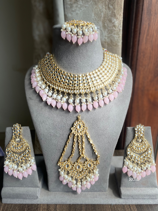 Kali dabi Kundan semi-bridal necklace set - Light Pink