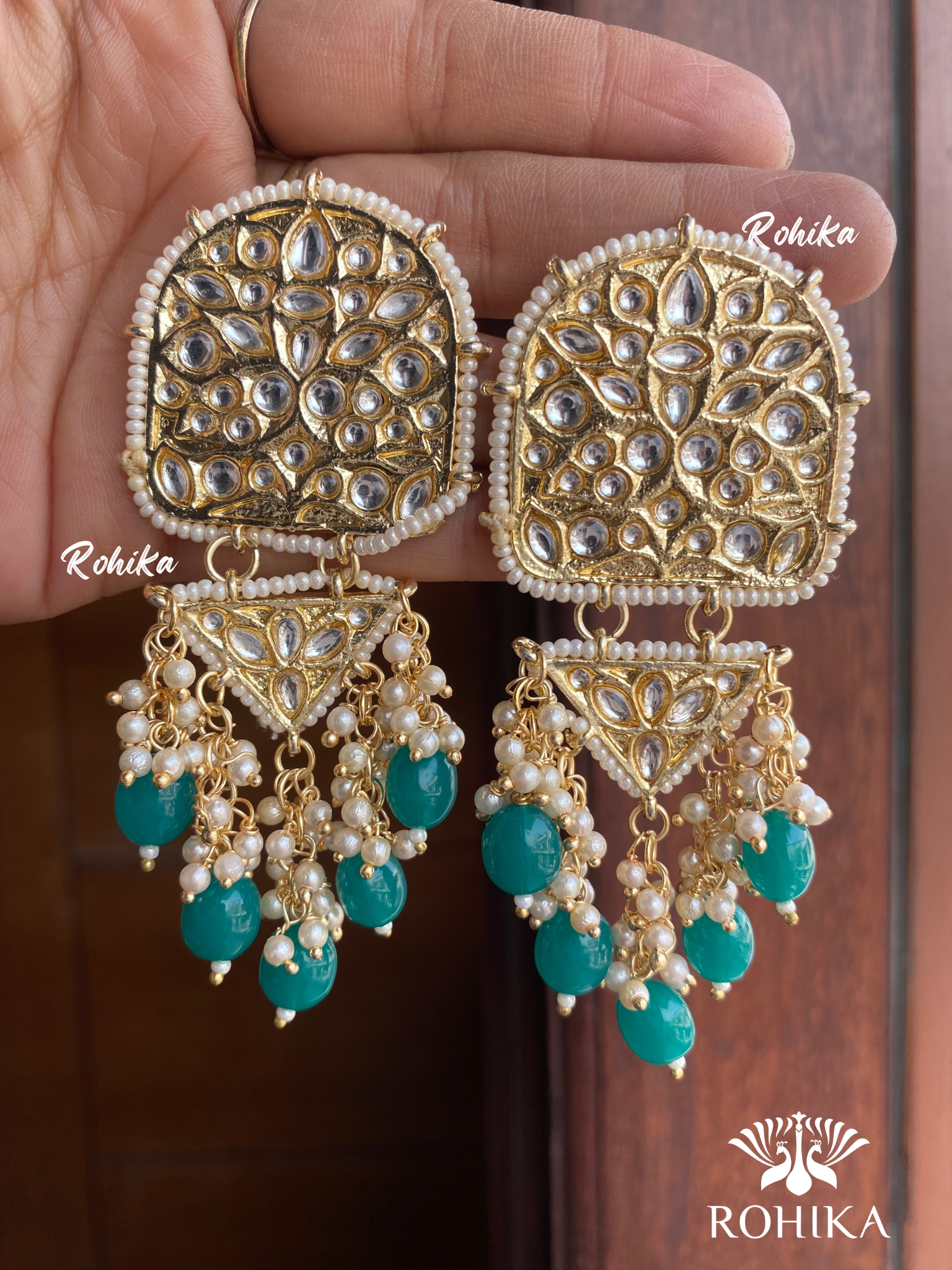 Rosy kundan earrings -Dark green