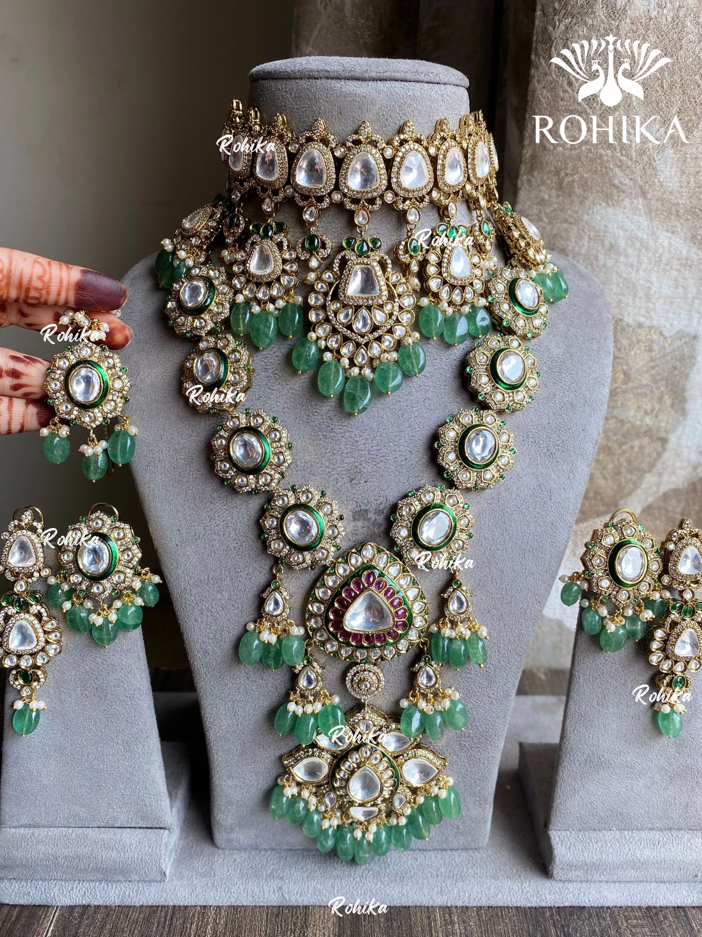 Atithi polki kundan combo set - Dark green