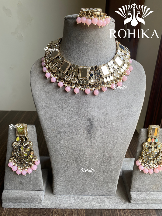 Samridhi mirror necklace set - Pink