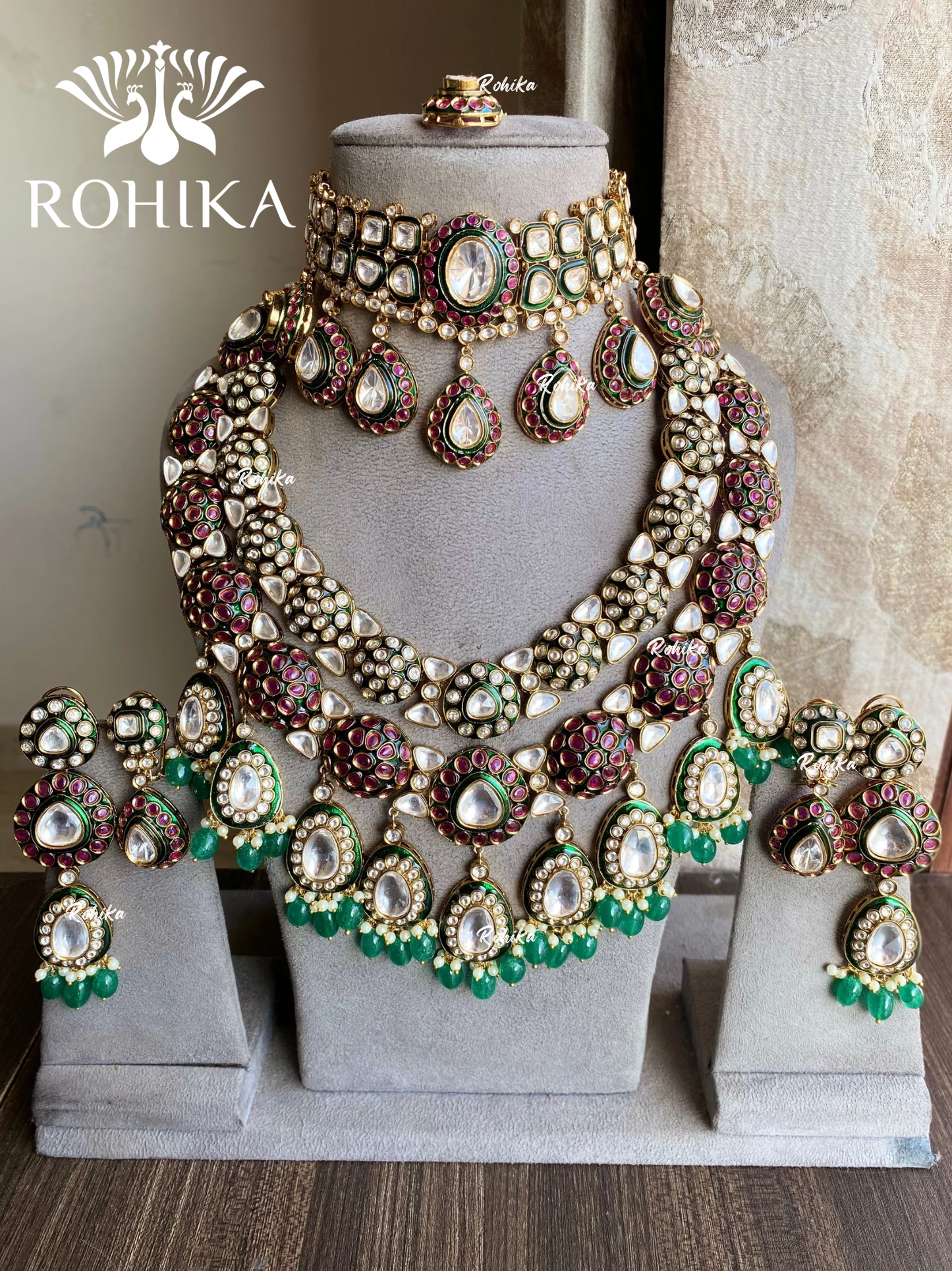 Vajasi bikaneri polki kundan bridal combo set - Dark Green & pink