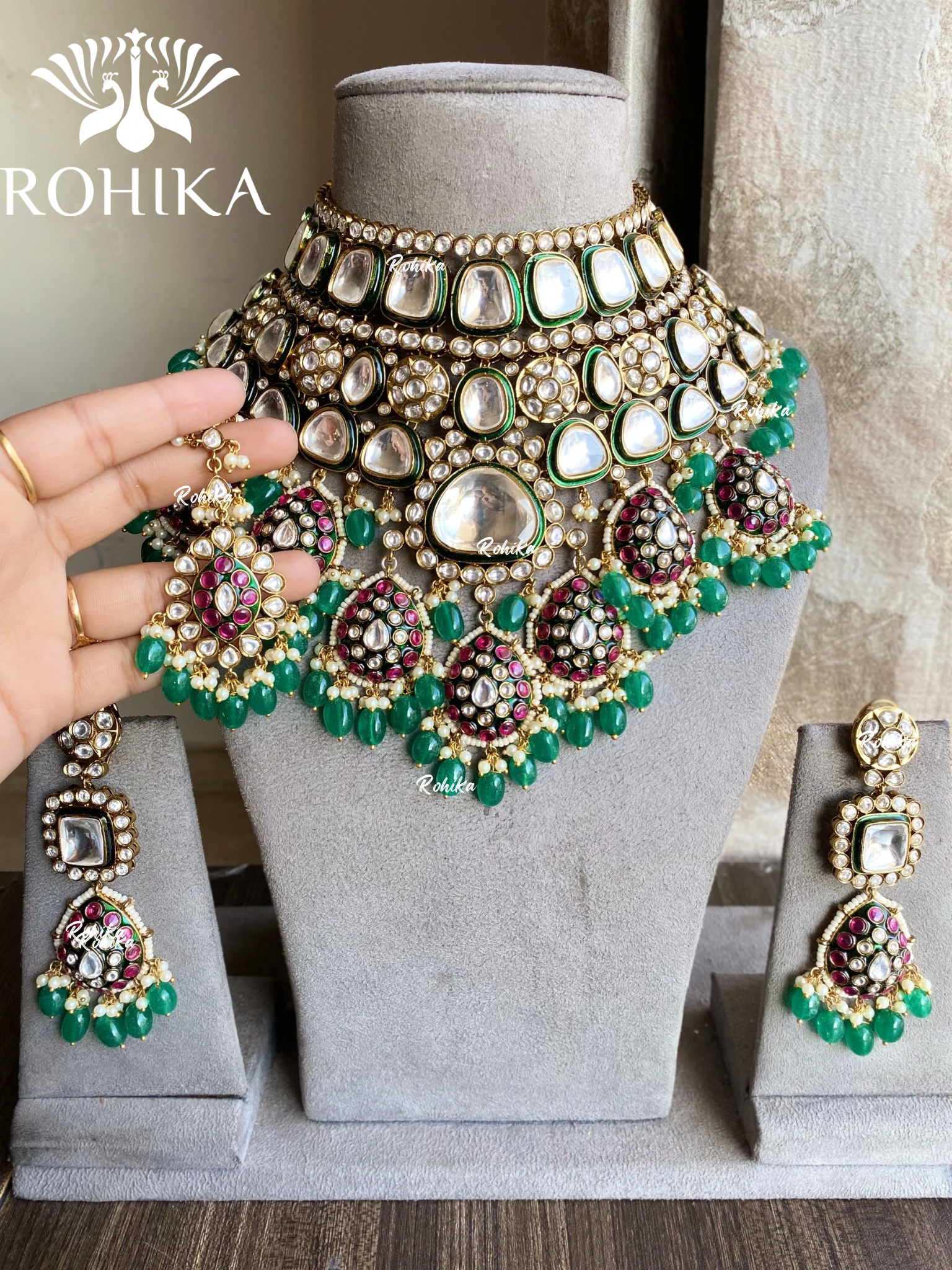 Netra bikaneri polki kundan bridal necklace set - Dark green & pink