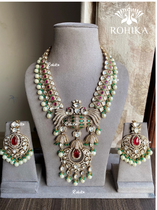 Sargun moisanite long necklace set - Red and green