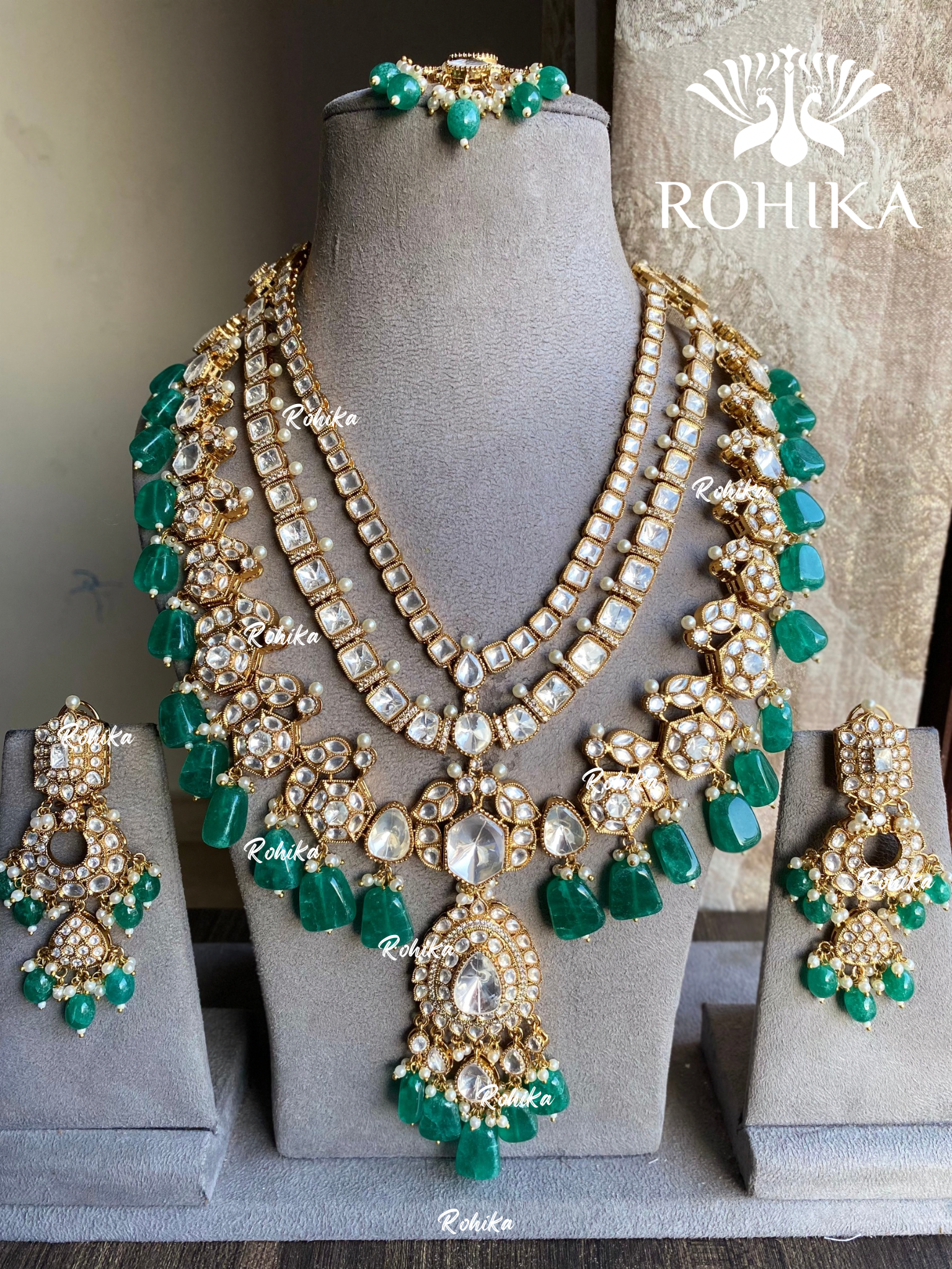 Anika bikaneri jadau kundan long necklace set - Dark green