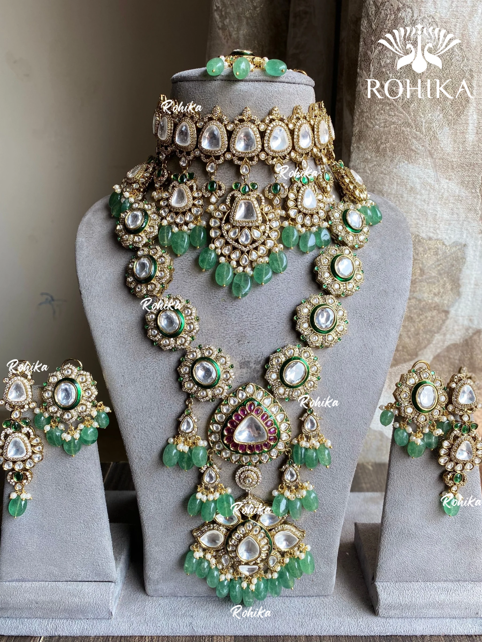 Atithi polki kundan combo set - Dark green