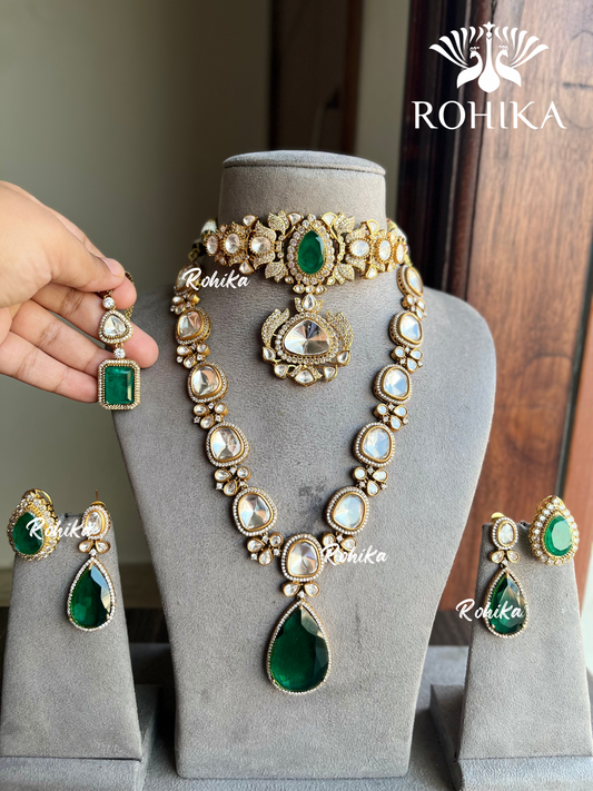 Laksha polki kundan combo set  - Green