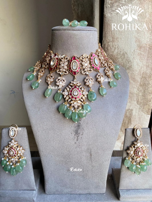 Mugdha moisanite choker set - Mint green and Pink