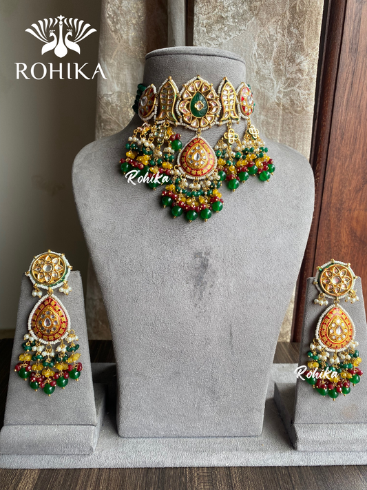 Kaya meenakari kundan choker set - Dark Green