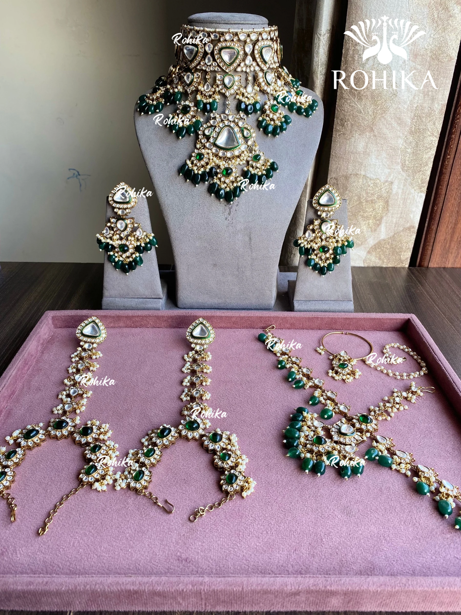 Rajshree polki kundan bridal combo set - Dark Green