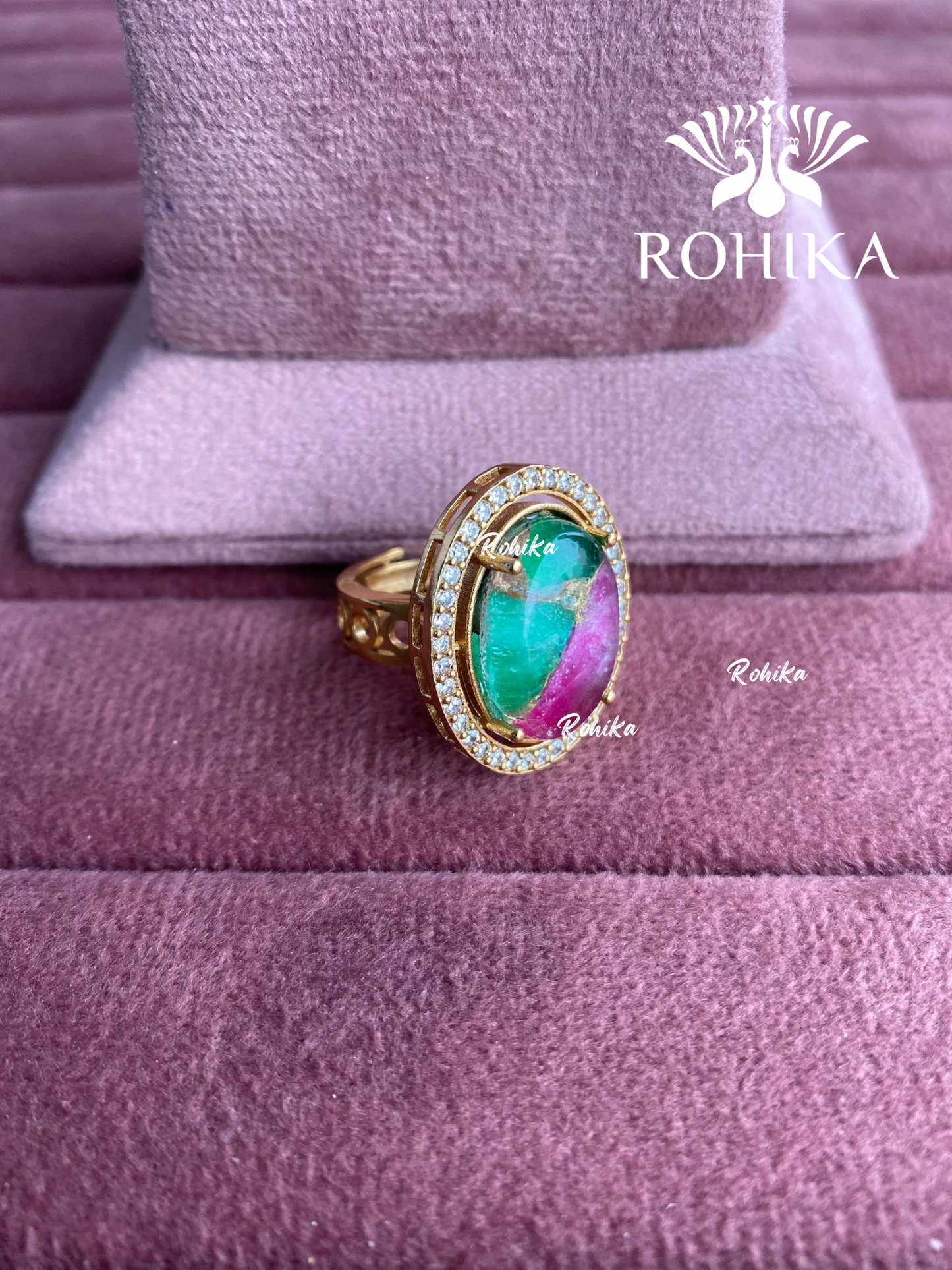 Angana polki kundan ring (SG-090) - Green & pink