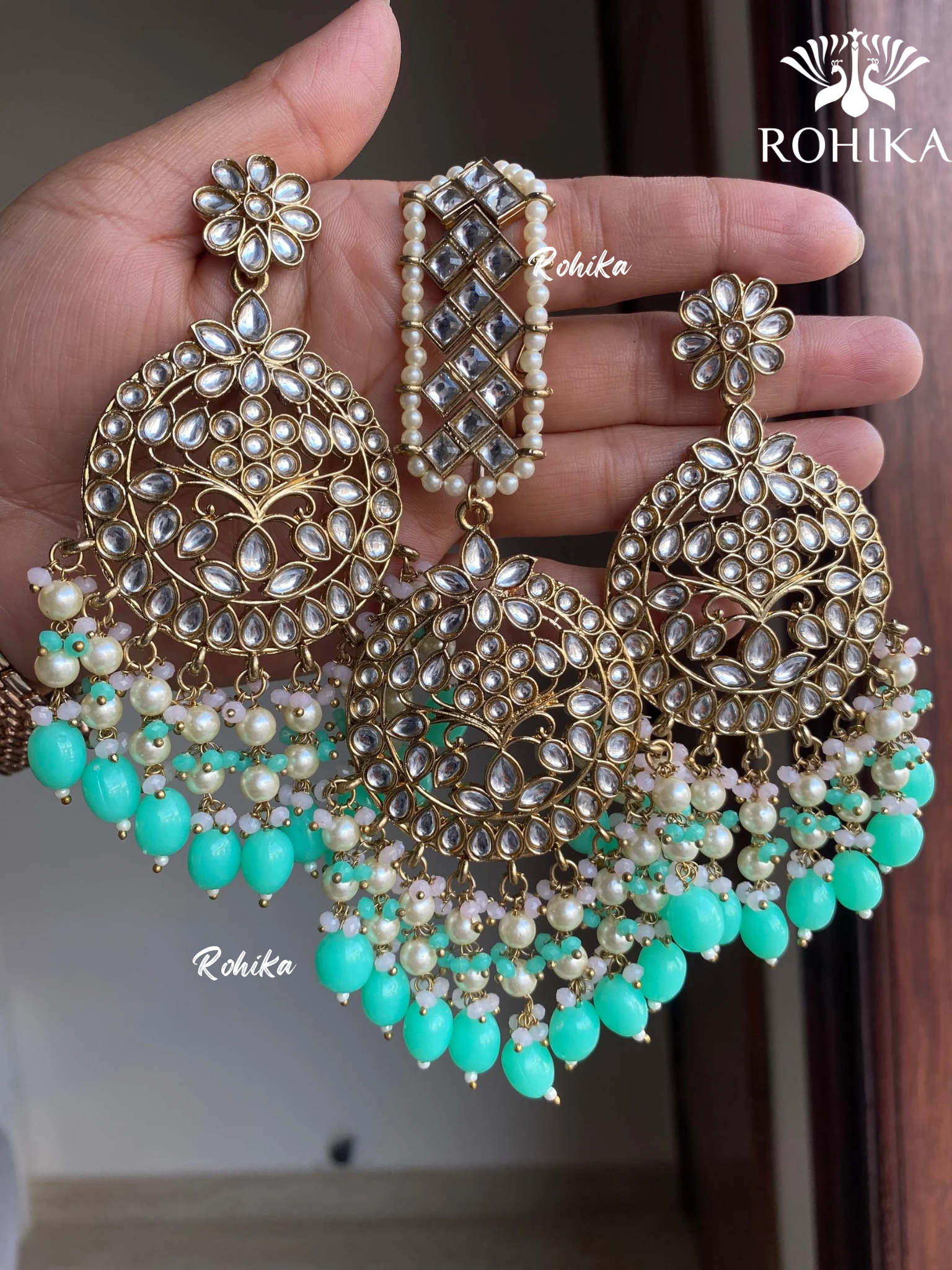 Sapna earrings and maangtikka combo - Mint Green