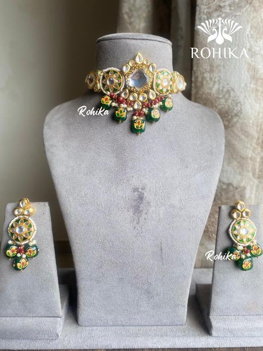 Kirti meenakari kundan necklace set - Dark Green