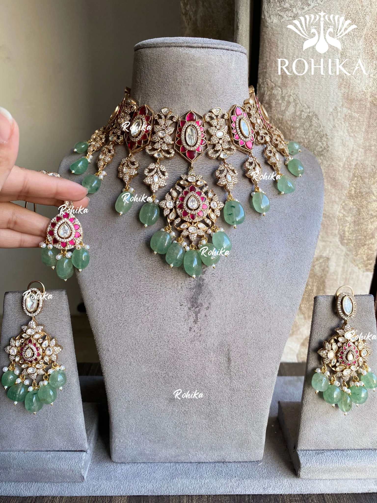 Mugdha moisanite choker set - Mint green and Pink