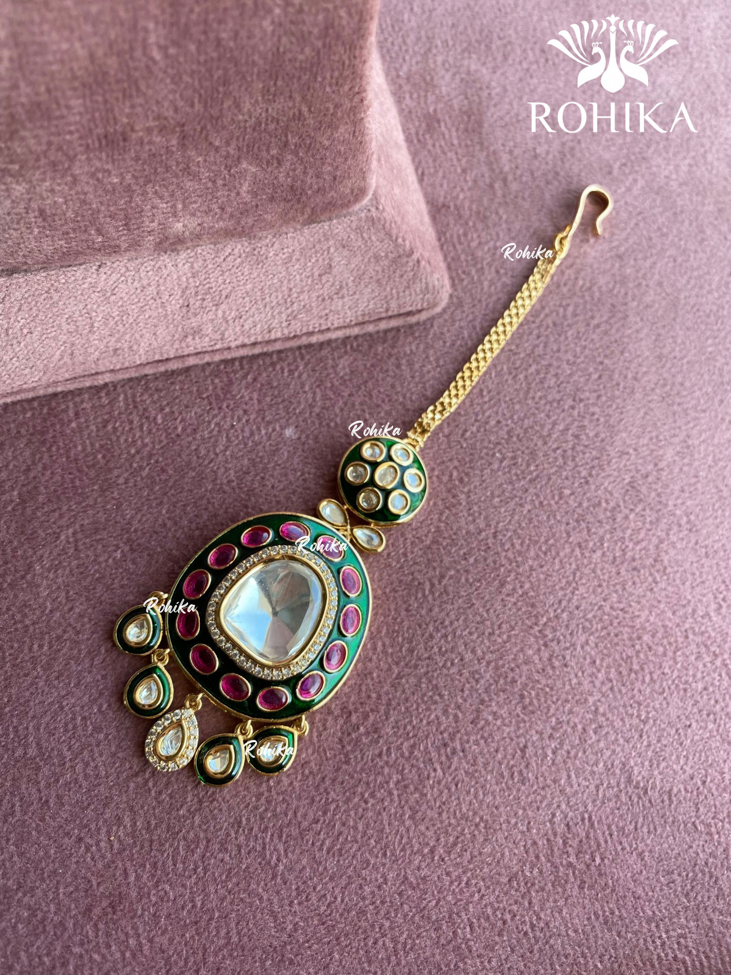 Dhara bikaneri kundan tikka - Green & pink