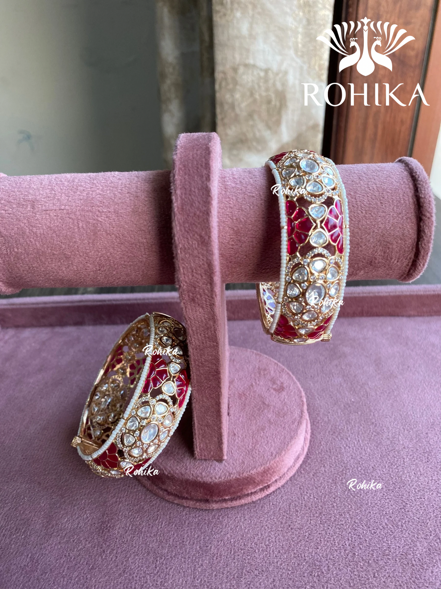 Leela moisanite polki kundan kada/bangles - Pink