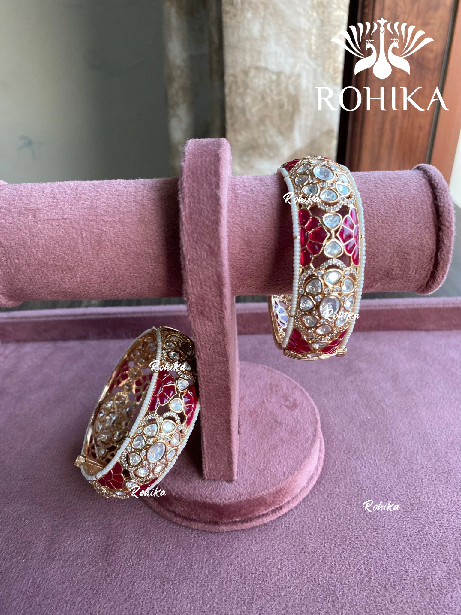 Leela moisanite polki kundan kada/bangles - Pink