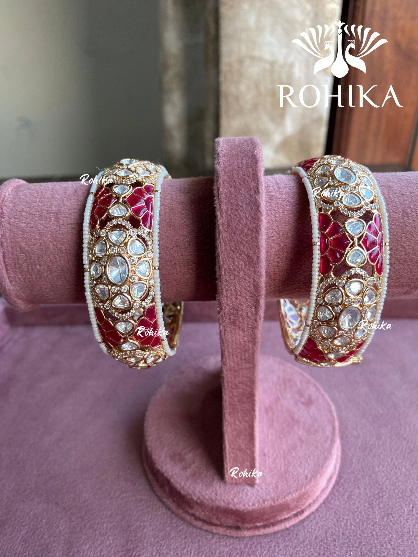 Leela moisanite polki kundan kada/bangles - Pink